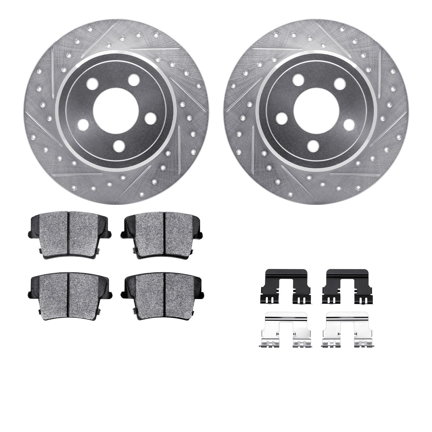 7212-39028 Drilled/Slotted Rotors w/Heavy-Duty Brake Pads Kit & Hardware [Silver], Fits Select Mopar, Position: Rear