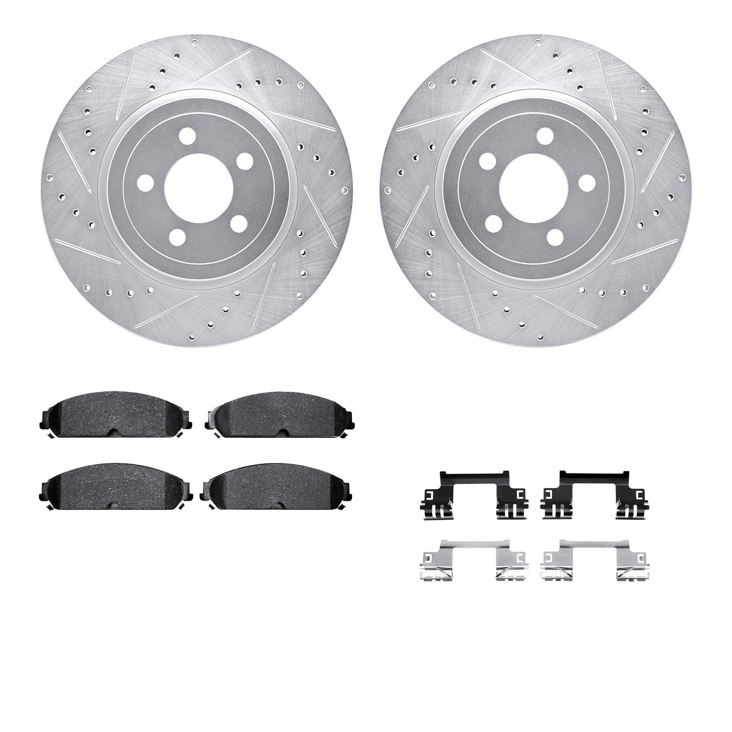 7212-39033 Drilled/Slotted Rotors w/Heavy-Duty Brake Pads Kit & Hardware [Silver], Fits Select Mopar, Position: Front
