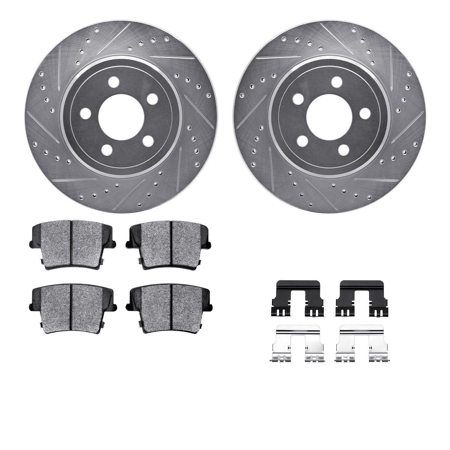 7212-39035 Drilled/Slotted Rotors w/Heavy-Duty Brake Pads Kit & Hardware [Silver], 2006-2008 Mopar, Position: Rear