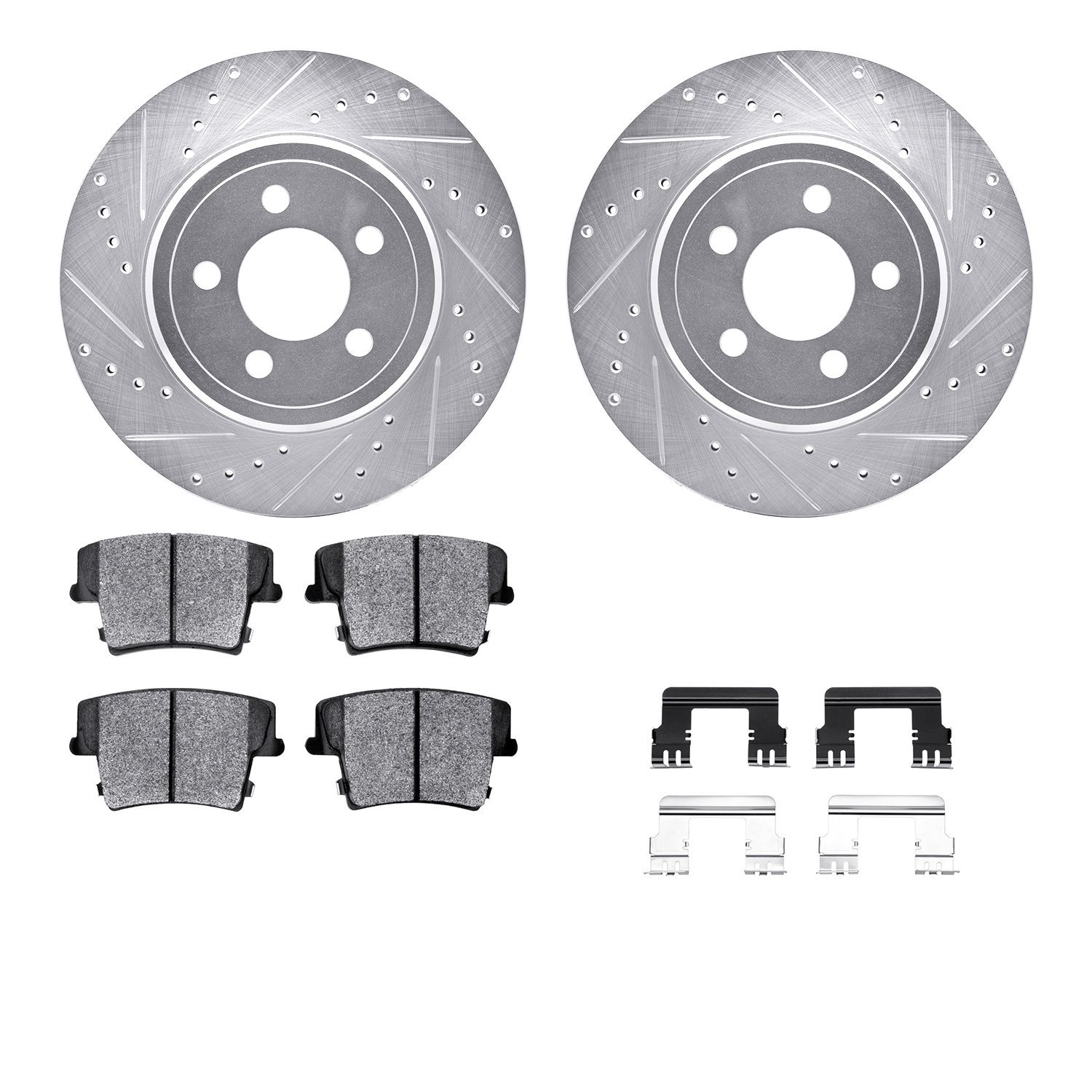 7212-39037 Drilled/Slotted Rotors w/Heavy-Duty Brake Pads Kit & Hardware [Silver], Fits Select Mopar, Position: Rear