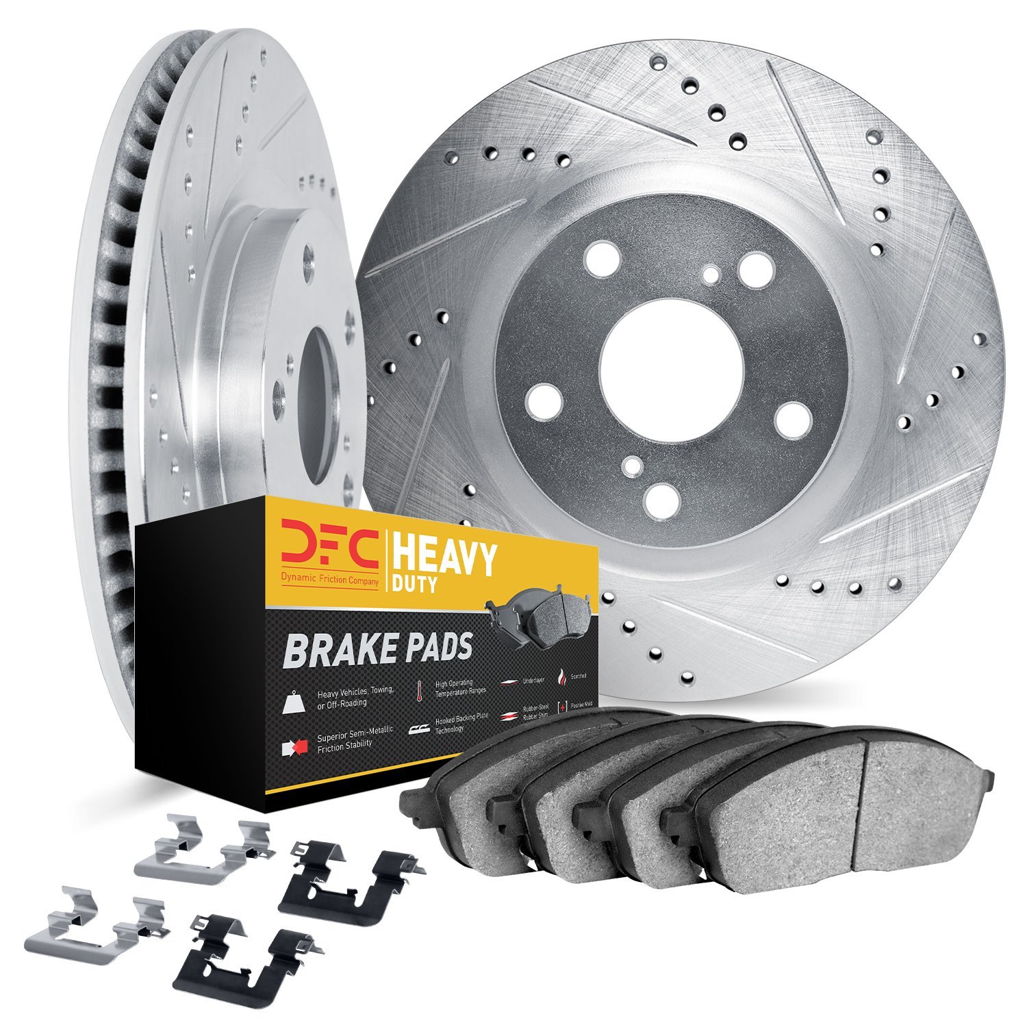 7212-39062 Drilled/Slotted Rotors w/Heavy-Duty Brake Pads Kit & Hardware [Silver], 1974-1984 Mopar, Position: Front