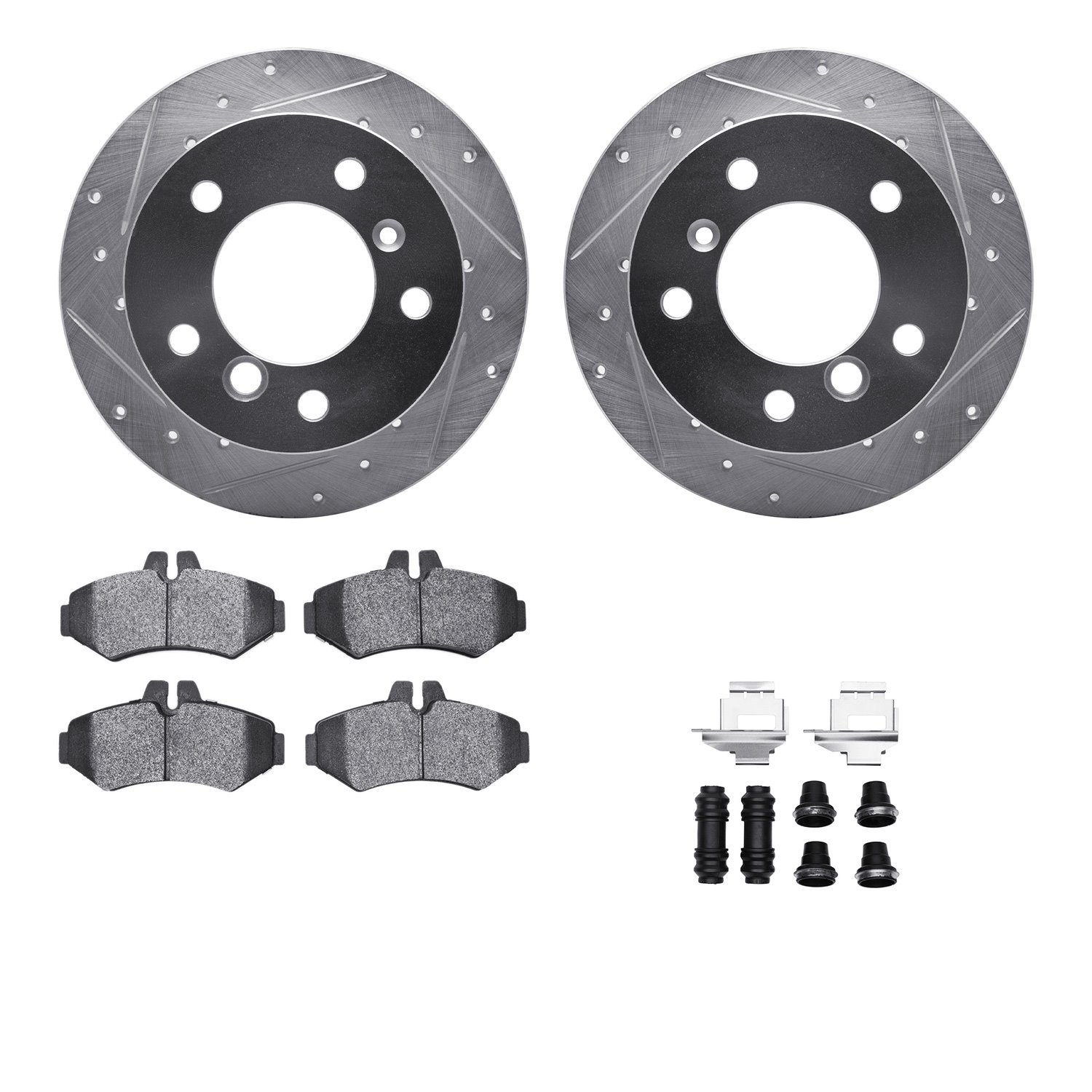 7212-40084 Drilled/Slotted Rotors w/Heavy-Duty Brake Pads Kit & Hardware [Silver], 2002-2018 Multiple Makes/Models, Position: Re