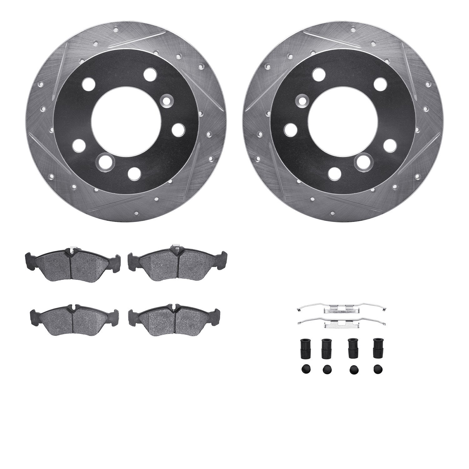 7212-40089 Drilled/Slotted Rotors w/Heavy-Duty Brake Pads Kit & Hardware [Silver], 2002-2006 Multiple Makes/Models, Position: Re