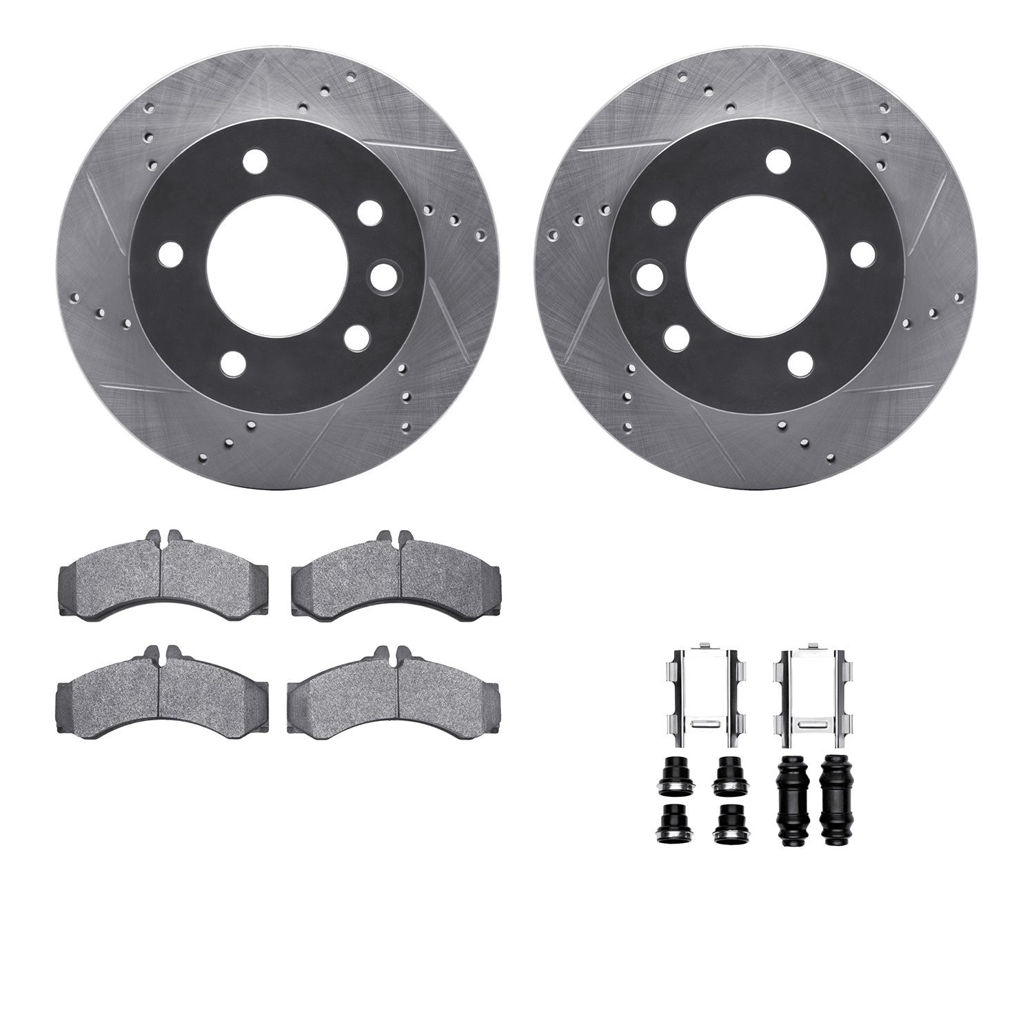 7212-40102 Drilled/Slotted Rotors w/Heavy-Duty Brake Pads Kit & Hardware [Silver], 2003-2006 Mopar, Position: Front