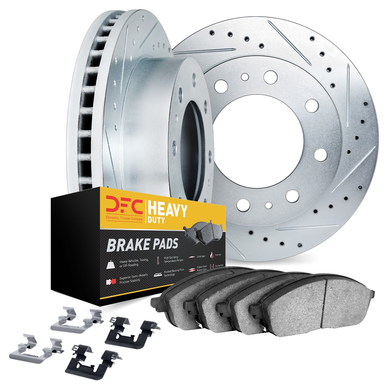 7212-40111 Drilled/Slotted Rotors w/Heavy-Duty Brake Pads Kit & Hardware [Silver], 1980-1993 Mopar, Position: Front