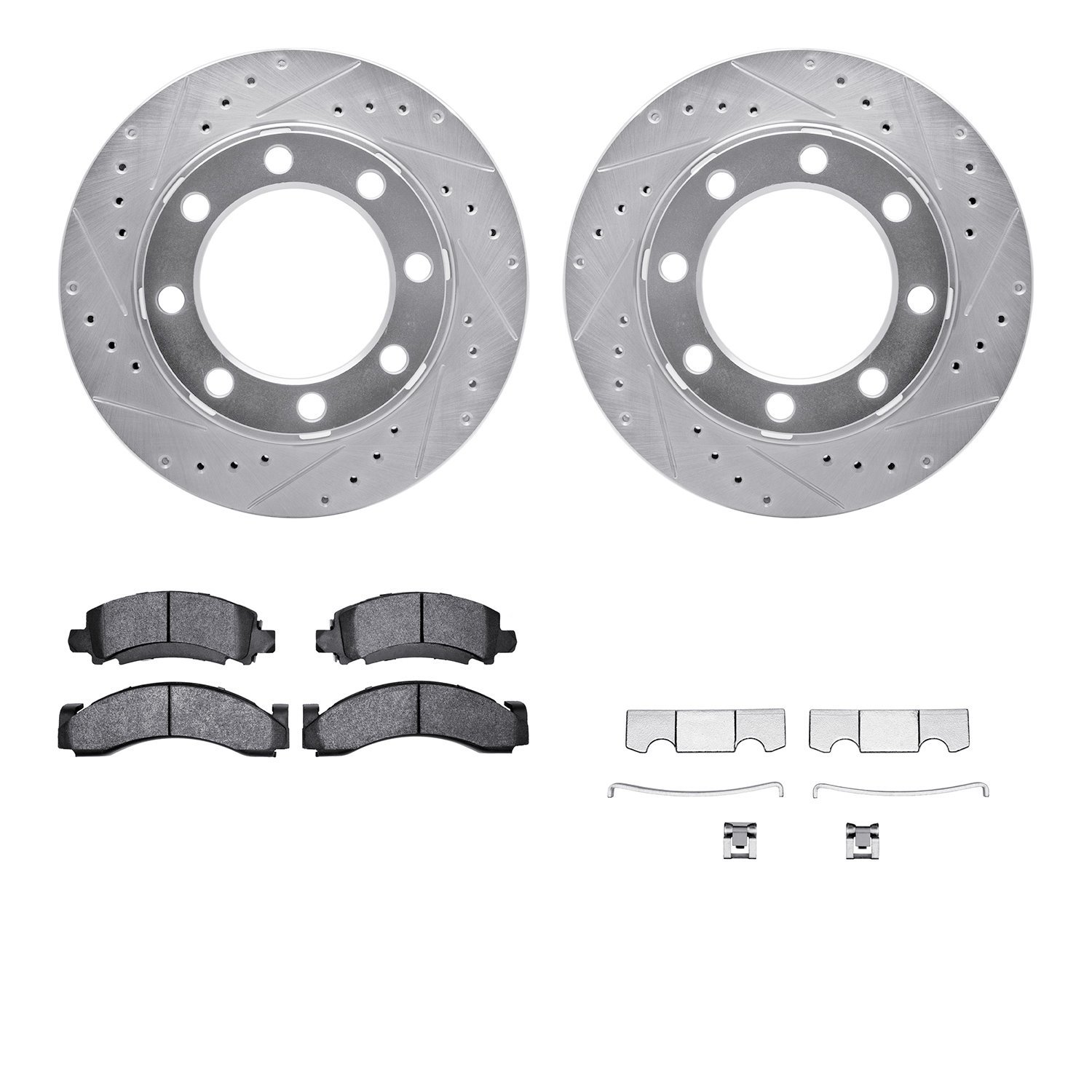 7212-40113 Drilled/Slotted Rotors w/Heavy-Duty Brake Pads Kit & Hardware [Silver], 1975-1993 Mopar, Position: Front