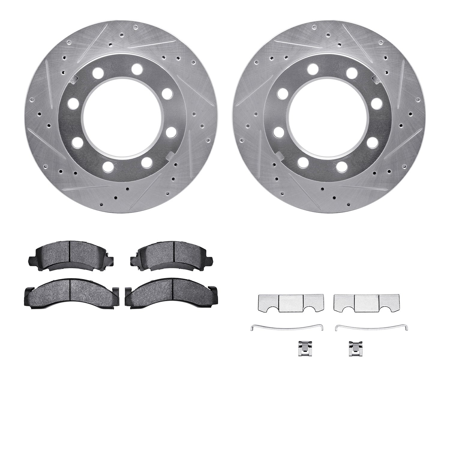 7212-40115 Drilled/Slotted Rotors w/Heavy-Duty Brake Pads Kit & Hardware [Silver], 1977-1993 Multiple Makes/Models, Position: Fr