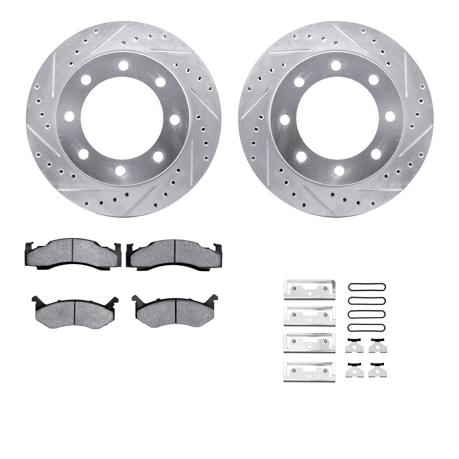 7212-40119 Drilled/Slotted Rotors w/Heavy-Duty Brake Pads Kit & Hardware [Silver], 1973-1993 Mopar, Position: Front