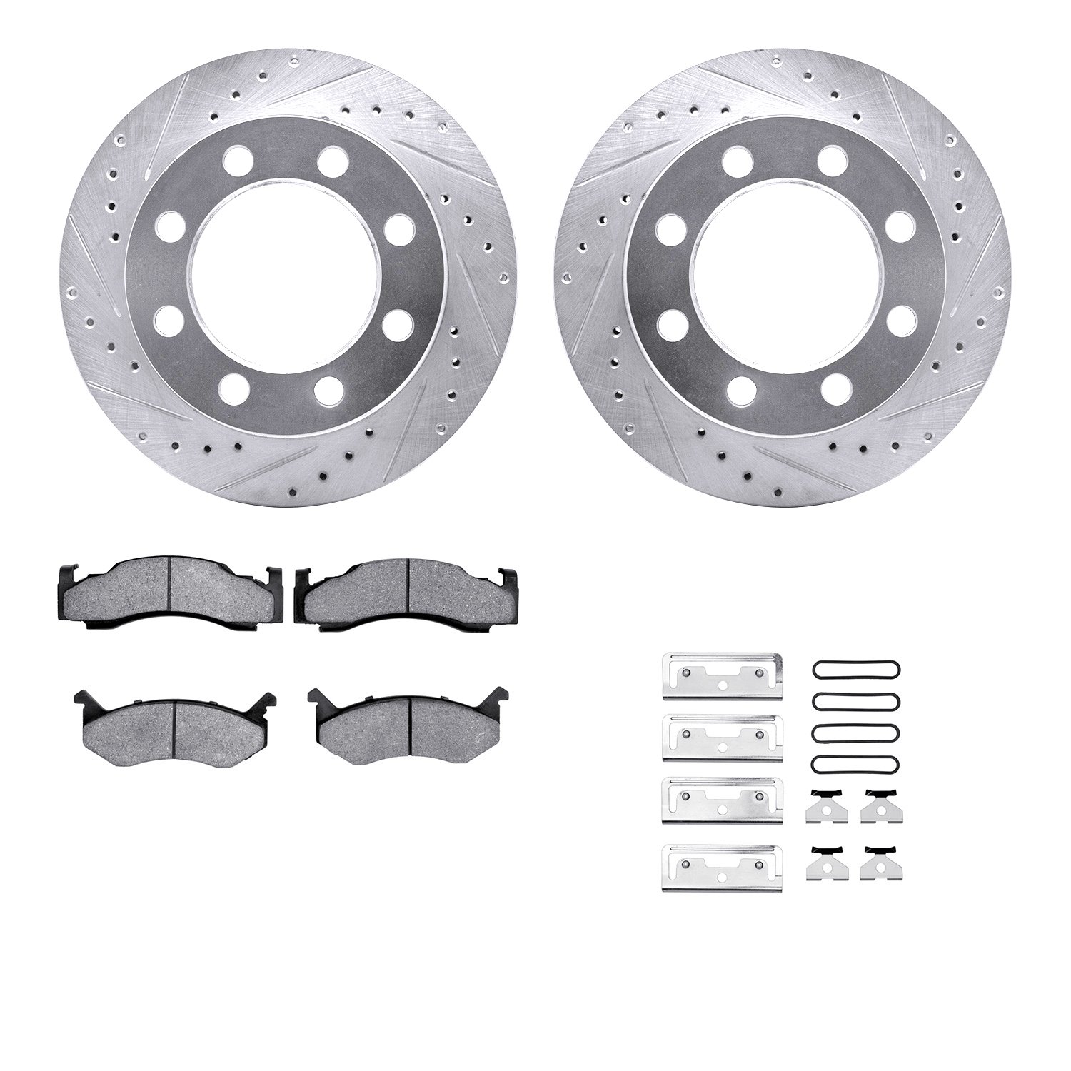 7212-40120 Drilled/Slotted Rotors w/Heavy-Duty Brake Pads Kit & Hardware [Silver], 1973-1997 Mopar, Position: Front