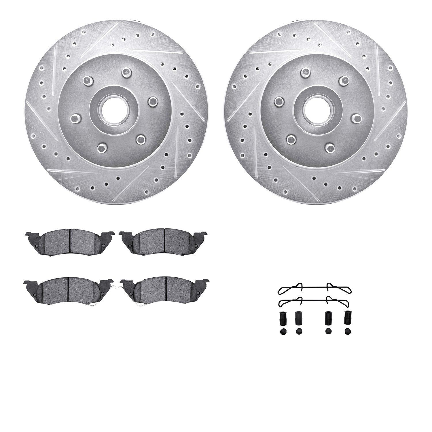 7212-40128 Drilled/Slotted Rotors w/Heavy-Duty Brake Pads Kit & Hardware [Silver], 1991-1996 Mopar, Position: Front