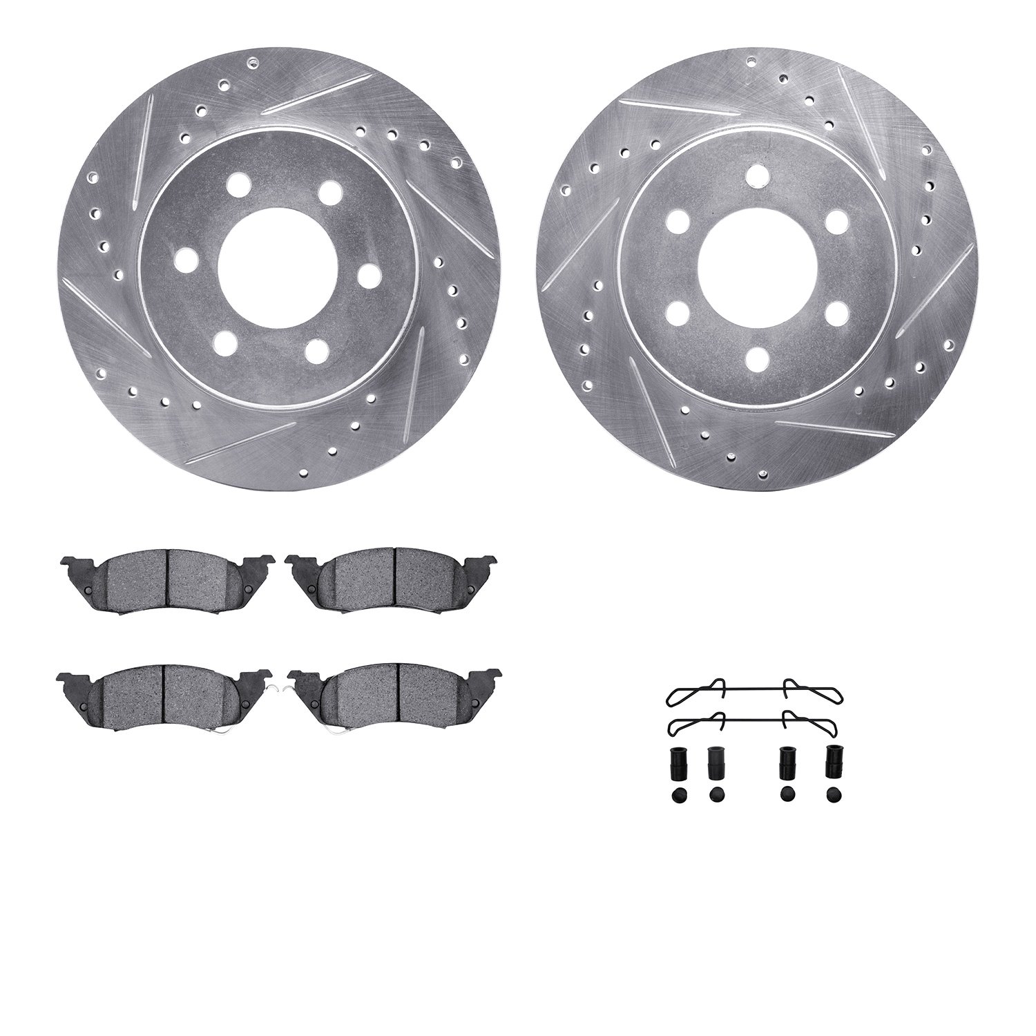 7212-40129 Drilled/Slotted Rotors w/Heavy-Duty Brake Pads Kit & Hardware [Silver], 1991-1996 Mopar, Position: Front