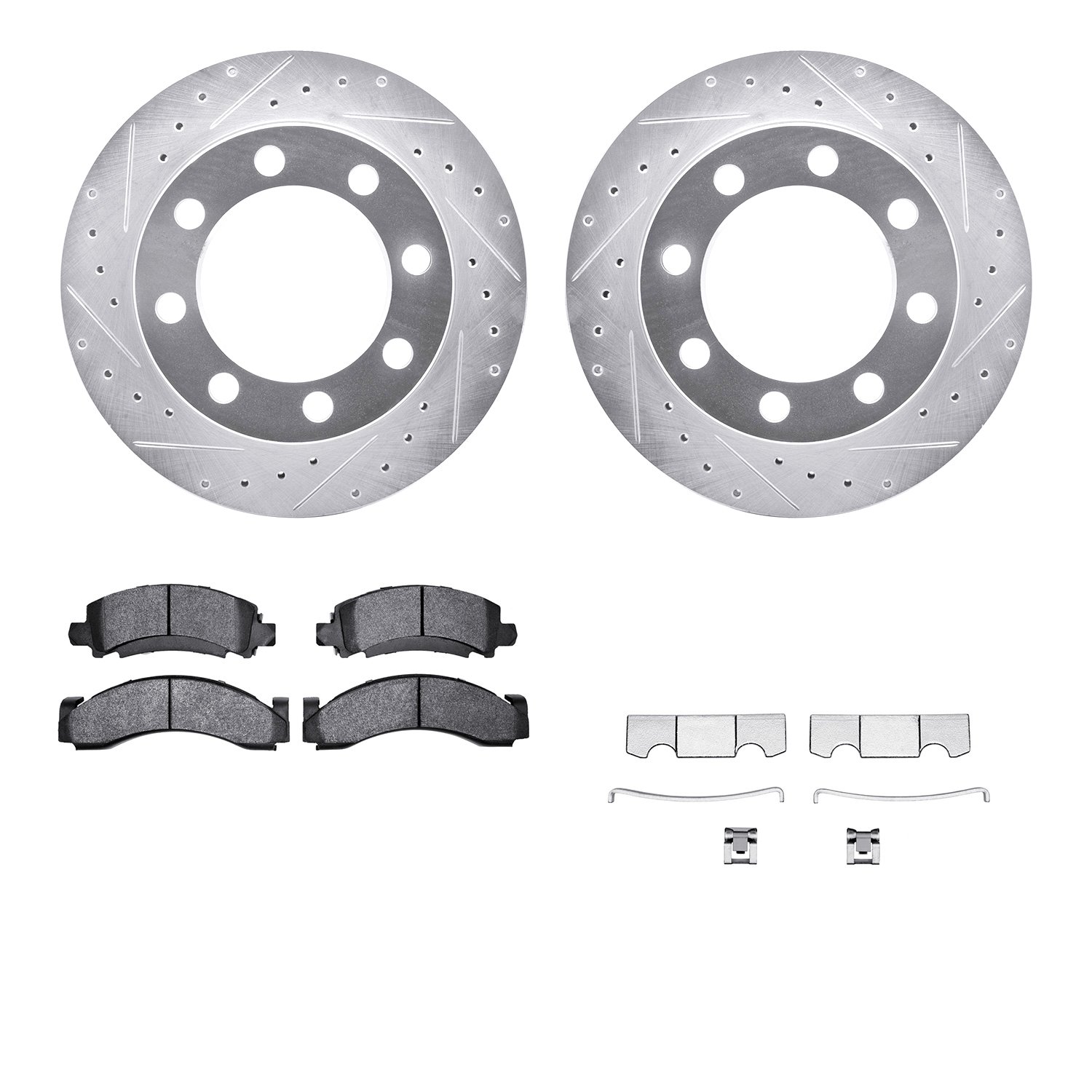 7212-40134 Drilled/Slotted Rotors w/Heavy-Duty Brake Pads Kit & Hardware [Silver], 1990-1993 Mopar, Position: Front
