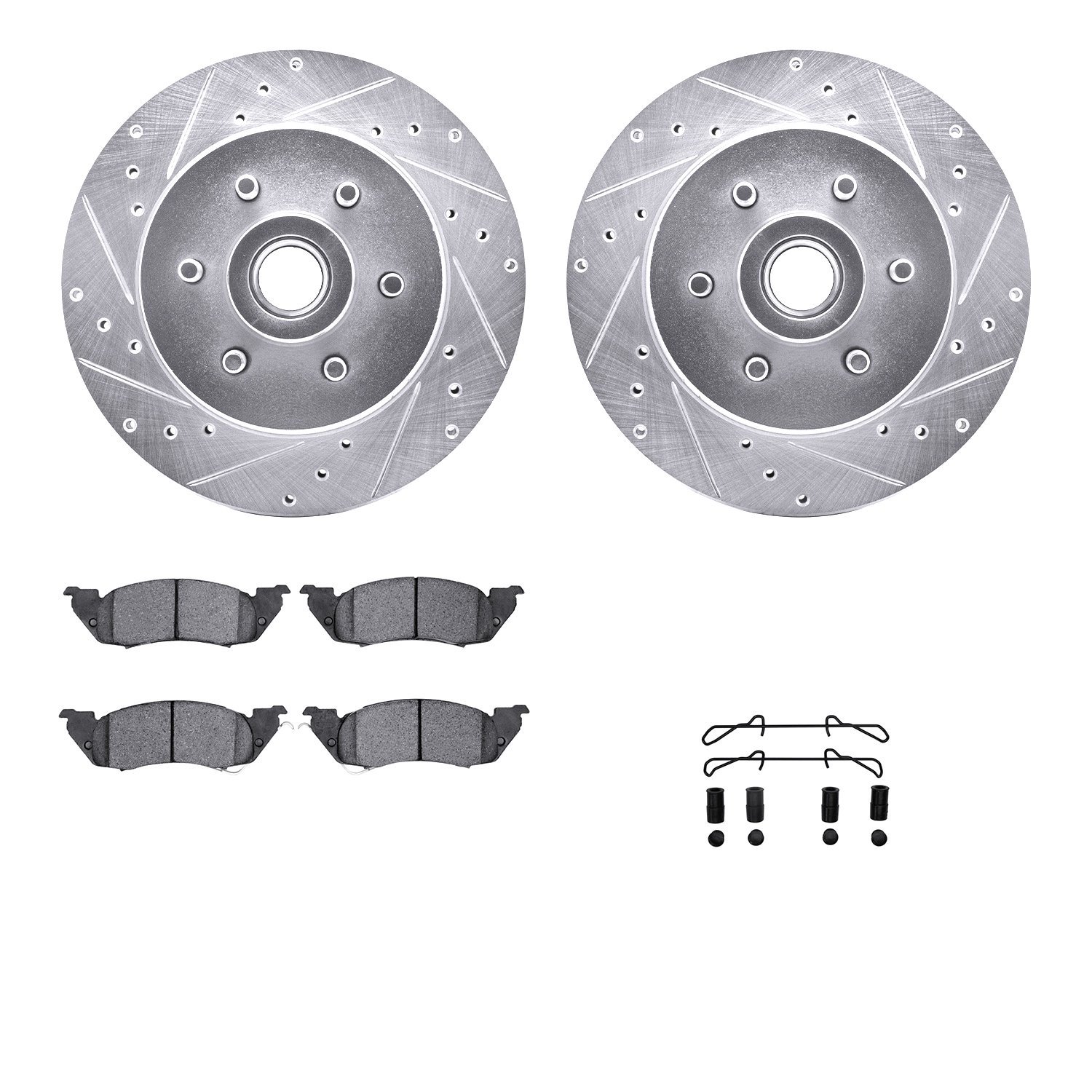7212-40135 Drilled/Slotted Rotors w/Heavy-Duty Brake Pads Kit & Hardware [Silver], 1993-1996 Mopar, Position: Front
