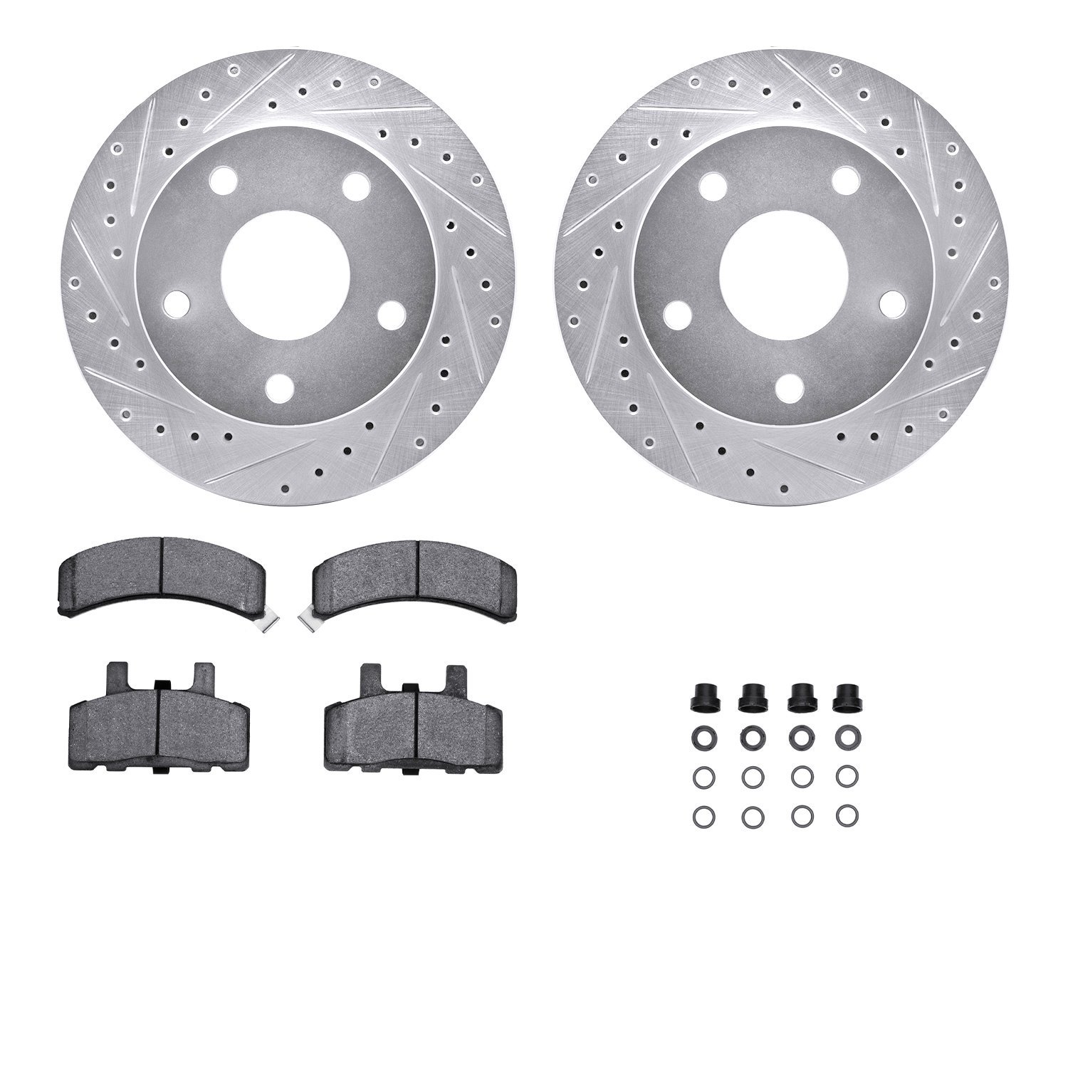 7212-40141 Drilled/Slotted Rotors w/Heavy-Duty Brake Pads Kit & Hardware [Silver], 1994-1999 Mopar, Position: Front