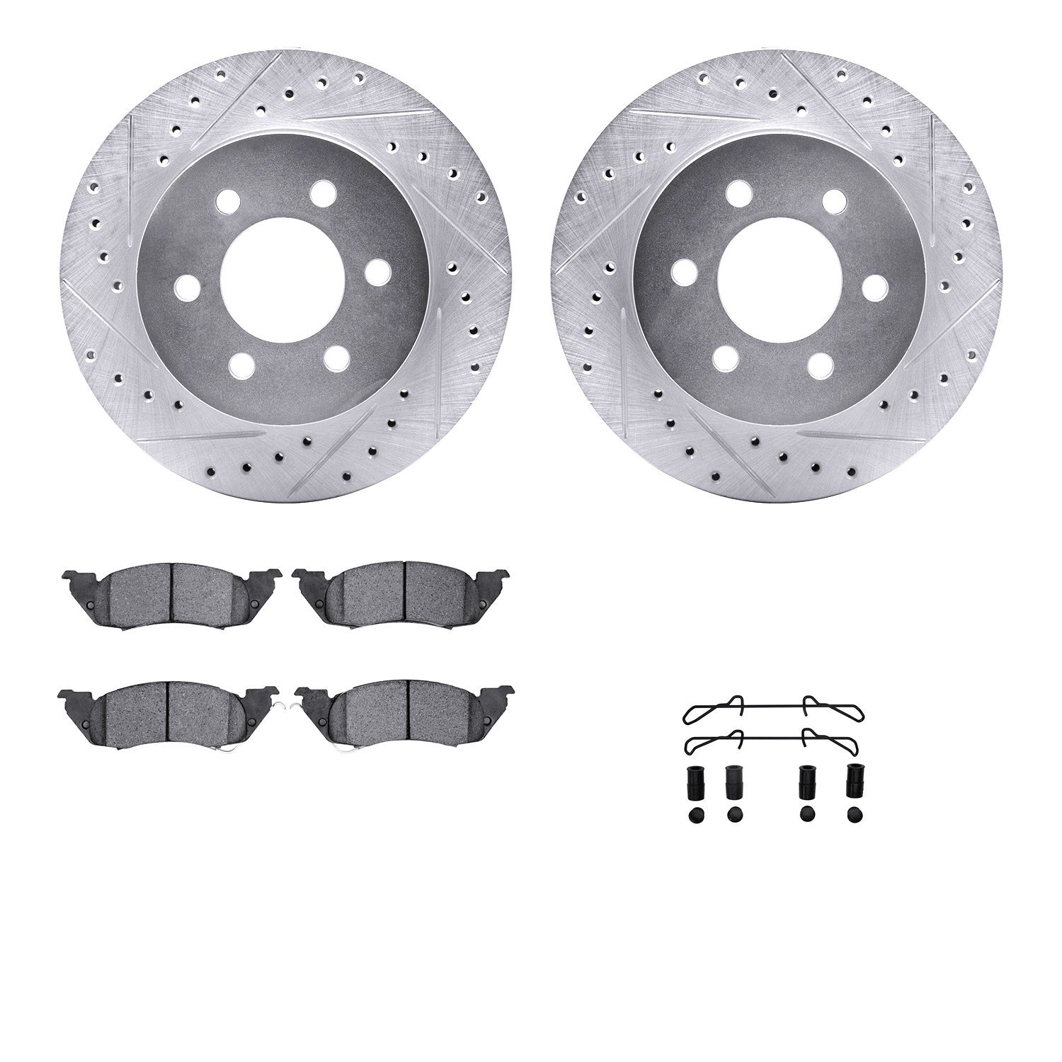 7212-40149 Drilled/Slotted Rotors w/Heavy-Duty Brake Pads Kit & Hardware [Silver], 1997-1998 Mopar, Position: Front