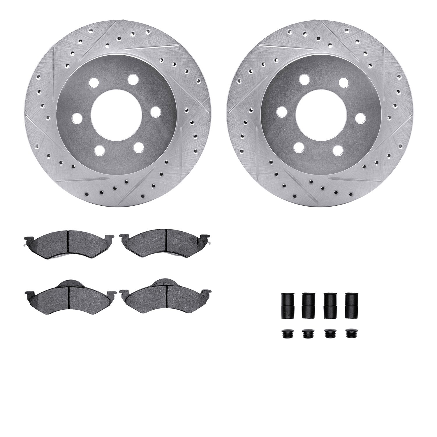 7212-40150 Drilled/Slotted Rotors w/Heavy-Duty Brake Pads Kit & Hardware [Silver], 1998-1999 Mopar, Position: Front