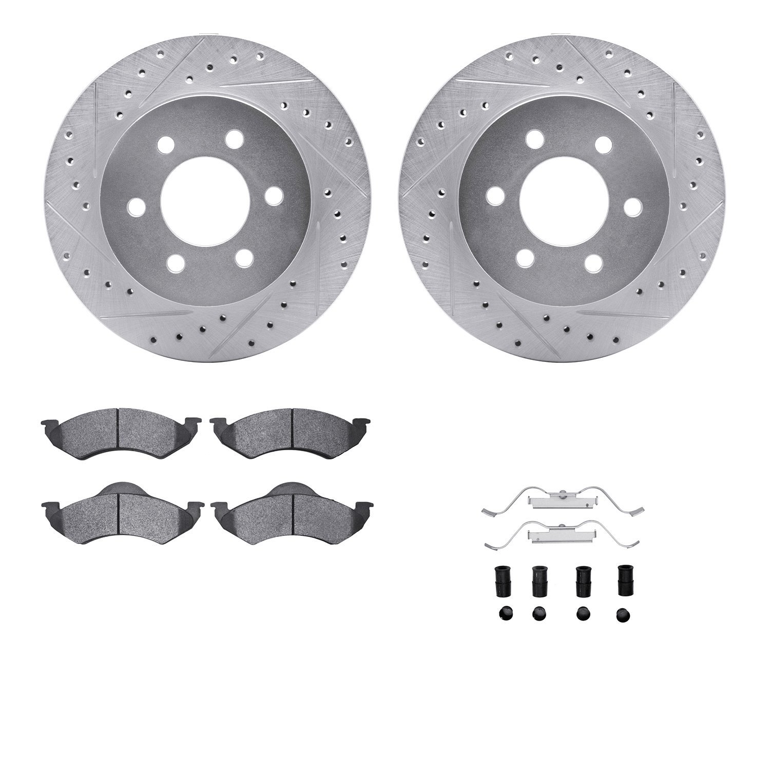 7212-40151 Drilled/Slotted Rotors w/Heavy-Duty Brake Pads Kit & Hardware [Silver], 2000-2002 Mopar, Position: Front