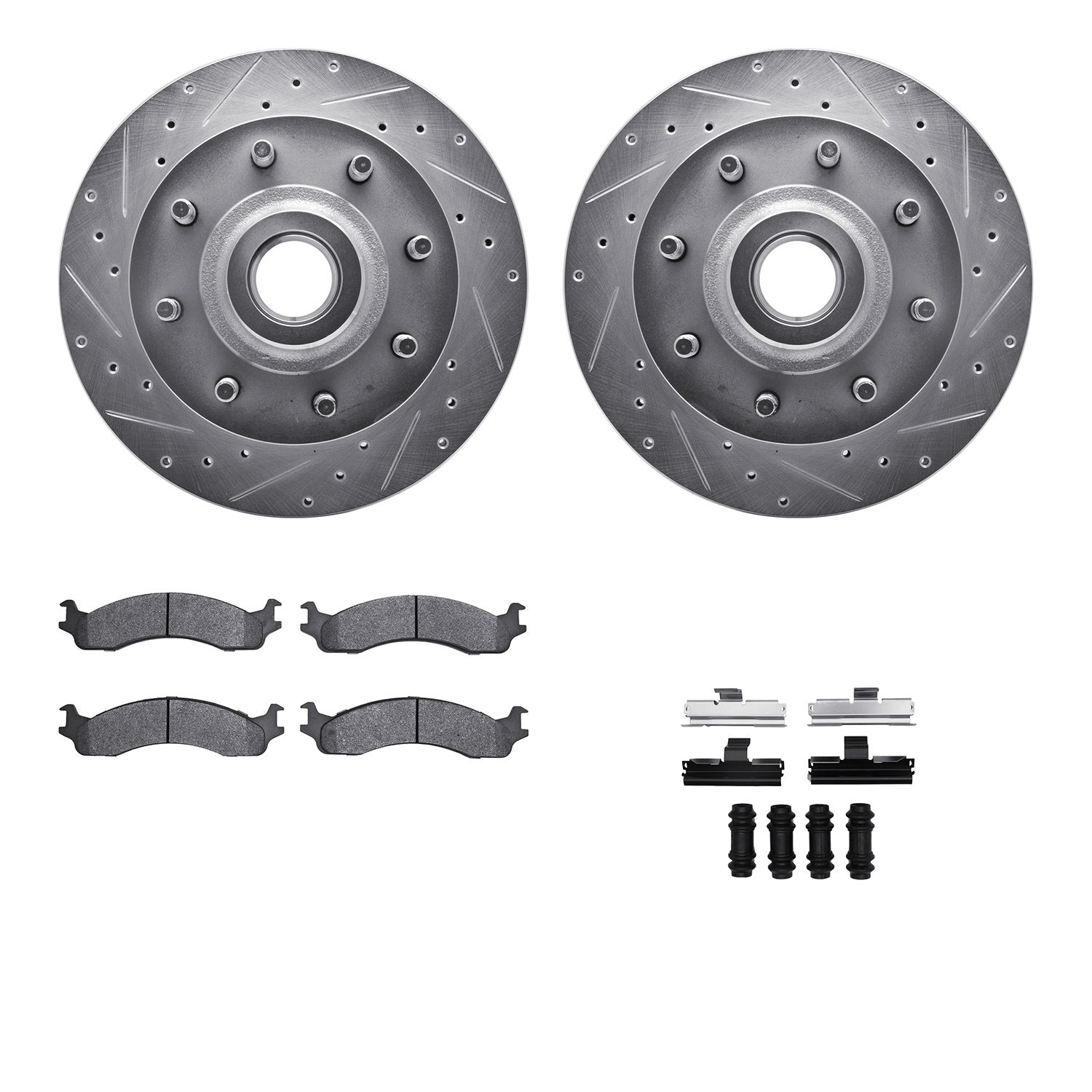 7212-40153 Drilled/Slotted Rotors w/Heavy-Duty Brake Pads Kit & Hardware [Silver], 1998-2003 Mopar, Position: Front