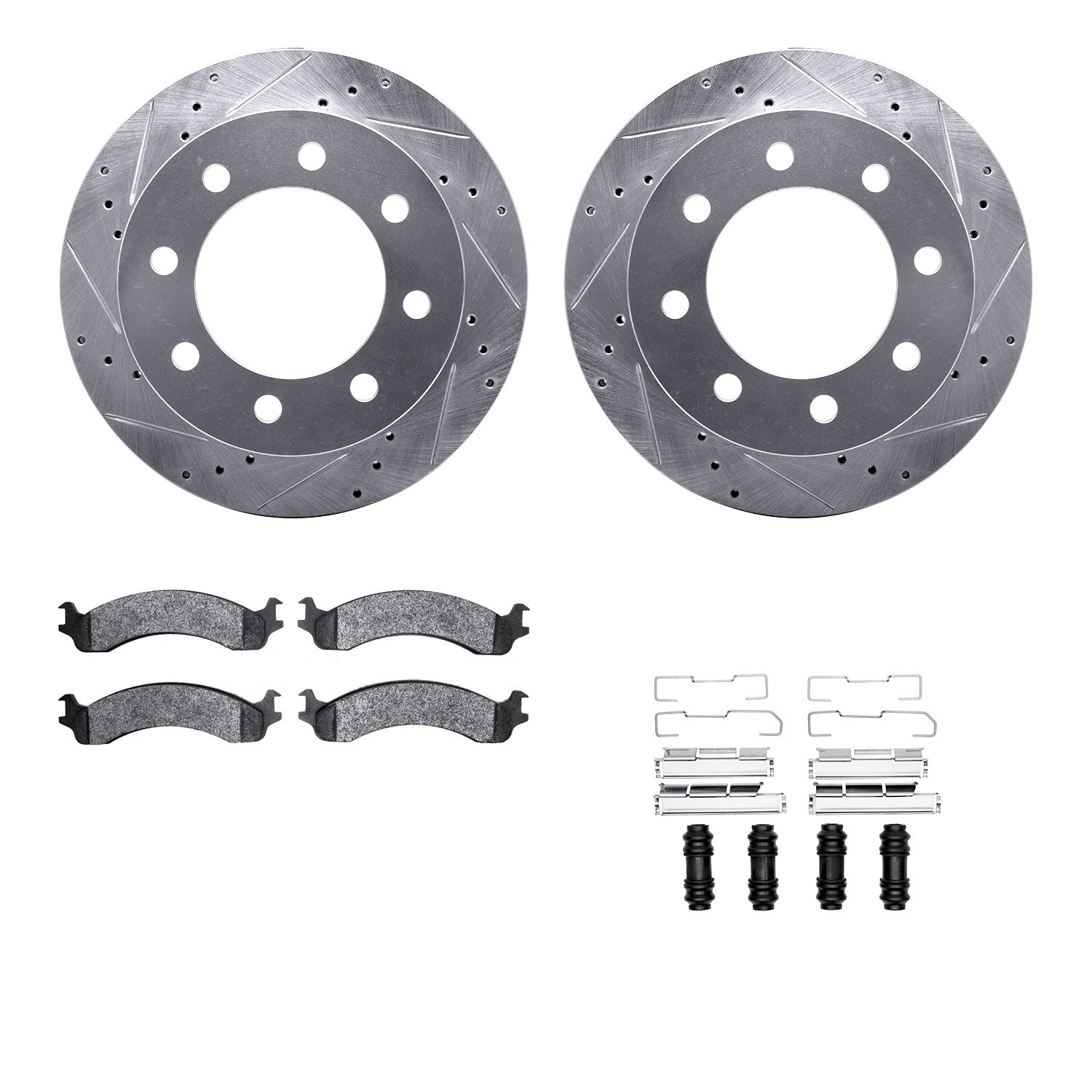 7212-40155 Drilled/Slotted Rotors w/Heavy-Duty Brake Pads Kit & Hardware [Silver], 2000-2002 Mopar, Position: Front