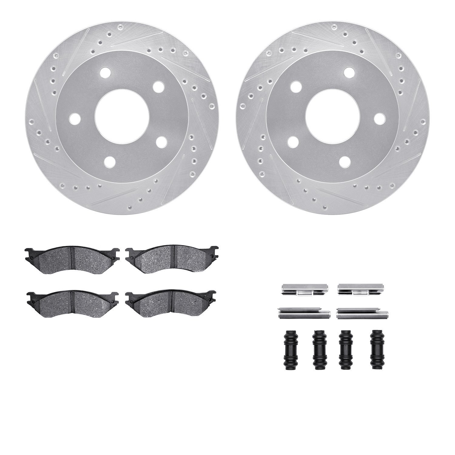 7212-40157 Drilled/Slotted Rotors w/Heavy-Duty Brake Pads Kit & Hardware [Silver], 2000-2001 Mopar, Position: Front