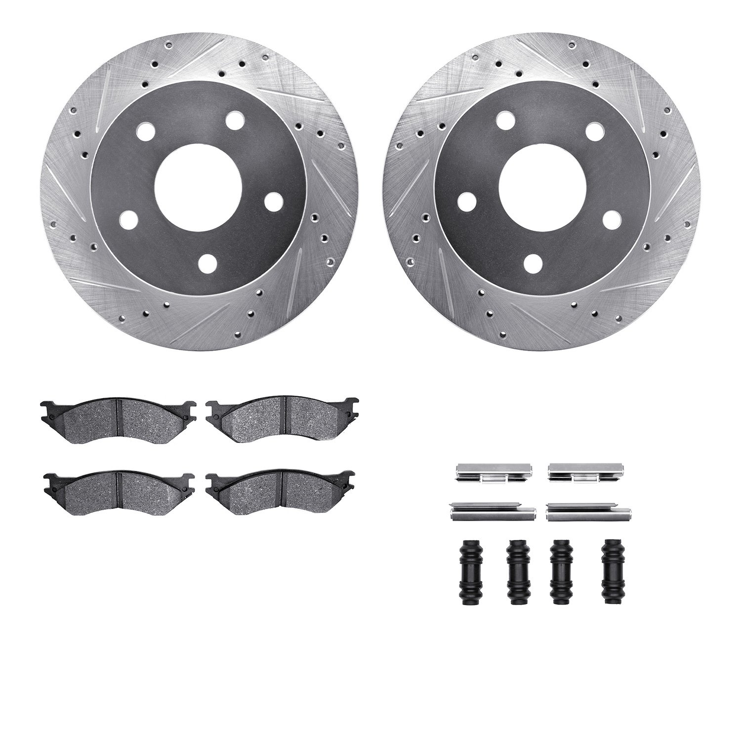 7212-40160 Drilled/Slotted Rotors w/Heavy-Duty Brake Pads Kit & Hardware [Silver], 2000-2001 Mopar, Position: Front