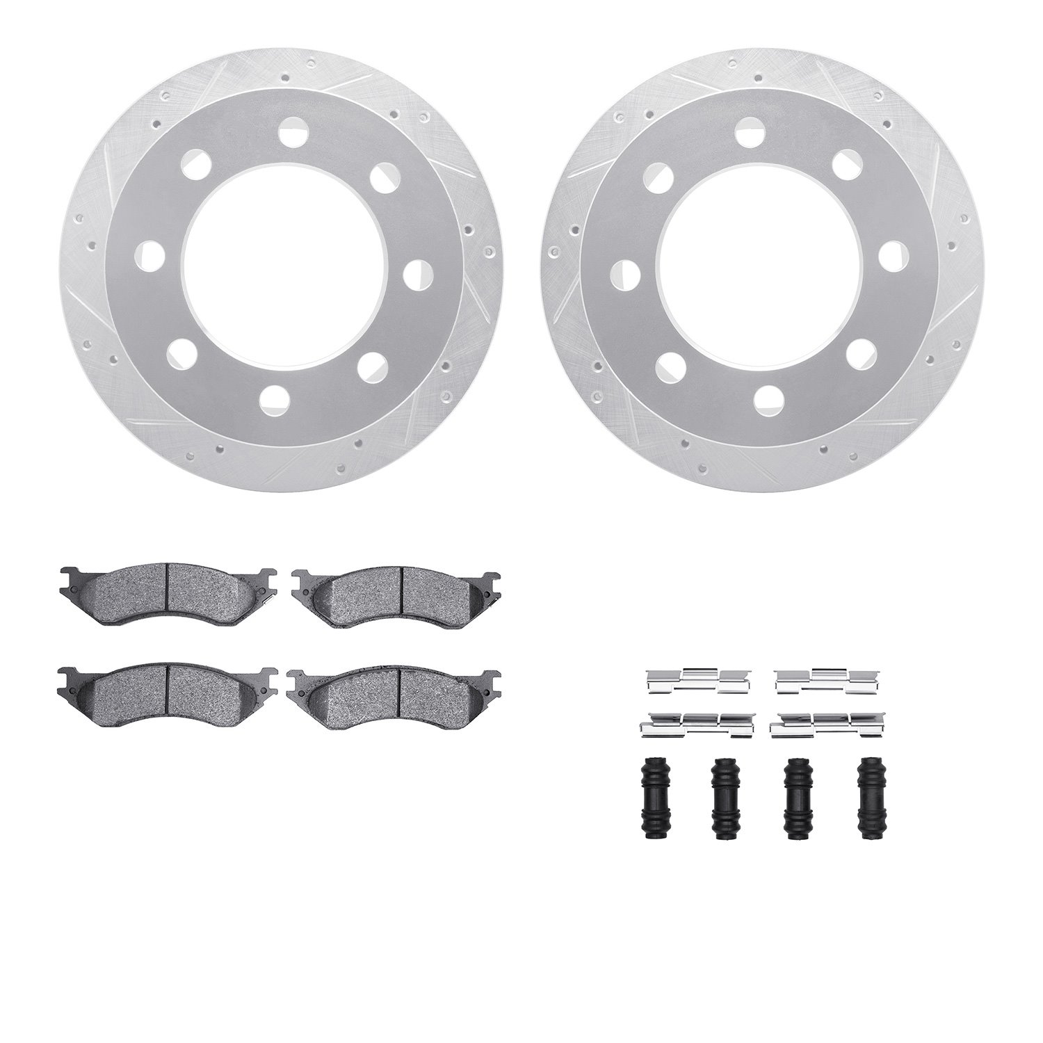 7212-40161 Drilled/Slotted Rotors w/Heavy-Duty Brake Pads Kit & Hardware [Silver], 2000-2002 Mopar, Position: Rear