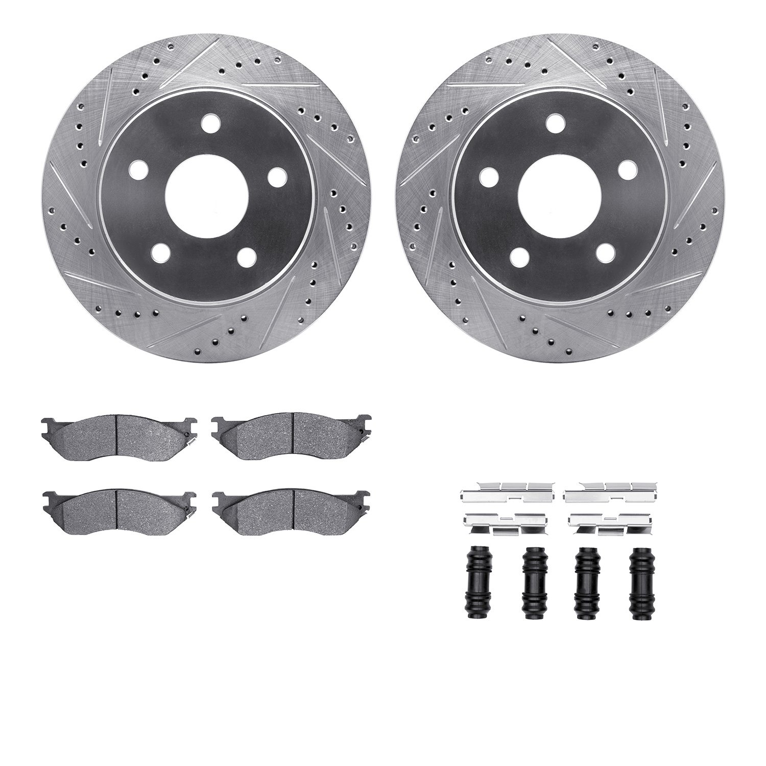 7212-40162 Drilled/Slotted Rotors w/Heavy-Duty Brake Pads Kit & Hardware [Silver], 2002-2006 Mopar, Position: Front