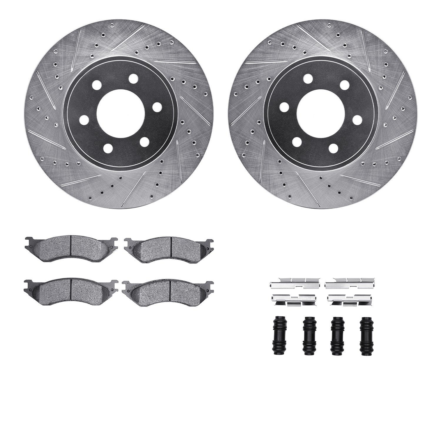 7212-40169 Drilled/Slotted Rotors w/Heavy-Duty Brake Pads Kit & Hardware [Silver], 2003-2003 Mopar, Position: Front