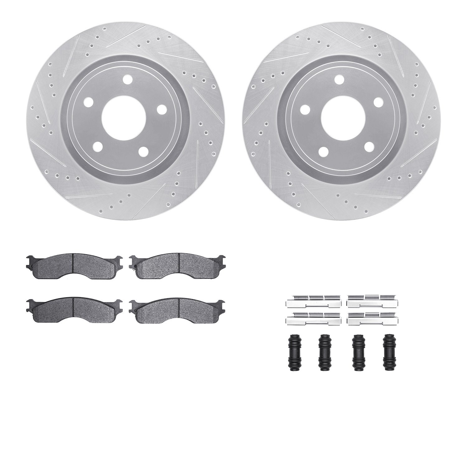 7212-40173 Drilled/Slotted Rotors w/Heavy-Duty Brake Pads Kit & Hardware [Silver], 2004-2004 Mopar, Position: Front