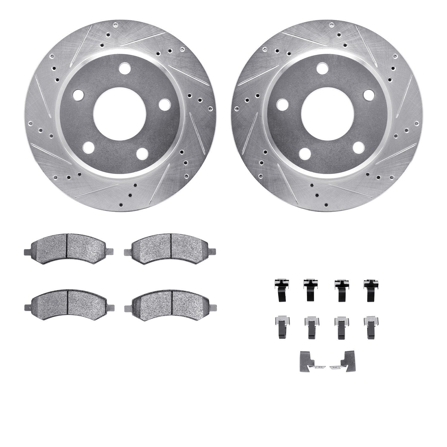 7212-40175 Drilled/Slotted Rotors w/Heavy-Duty Brake Pads Kit & Hardware [Silver], 2005-2010 Multiple Makes/Models, Position: Fr