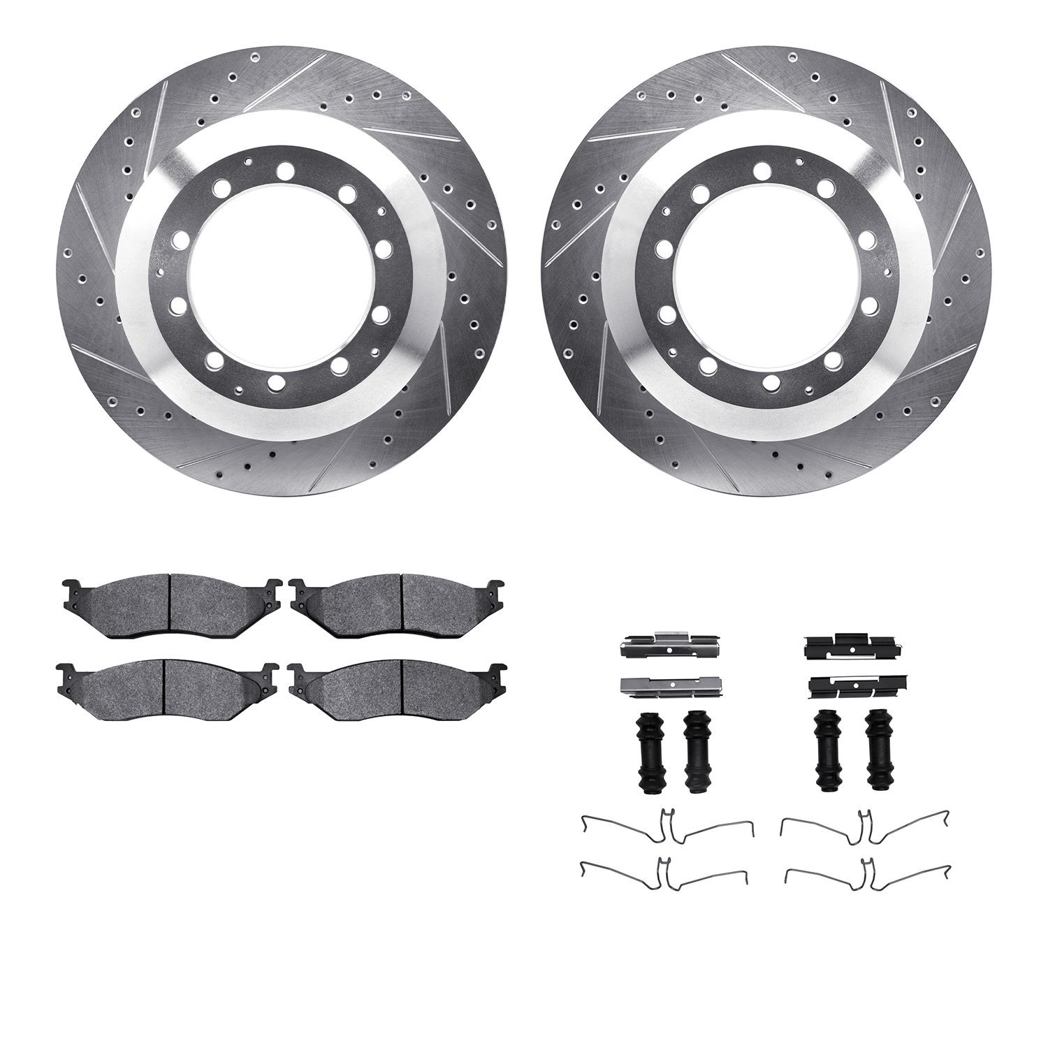 7212-40190 Drilled/Slotted Rotors w/Heavy-Duty Brake Pads Kit & Hardware [Silver], 2005-2017 Multiple Makes/Models, Position: Re