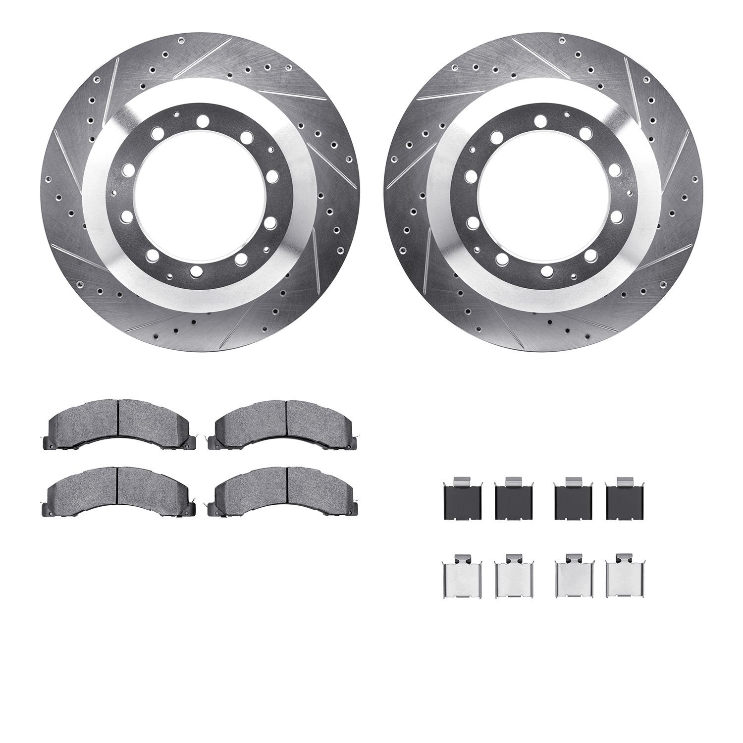 7212-40191 Drilled/Slotted Rotors w/Heavy-Duty Brake Pads Kit & Hardware [Silver], 2008-2021 Multiple Makes/Models, Position: Re