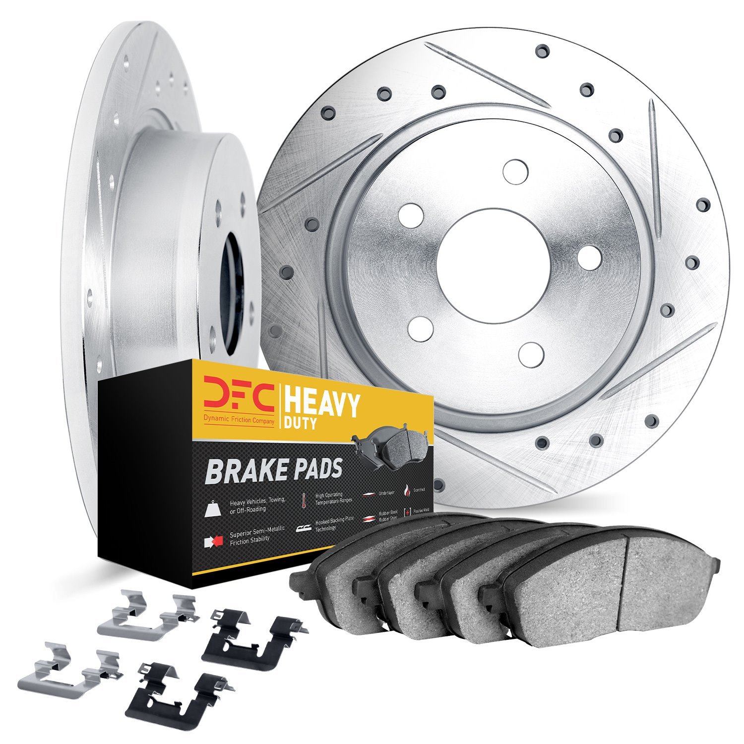 7212-42001 Drilled/Slotted Rotors w/Heavy-Duty Brake Pads Kit & Hardware [Silver], Fits Select Mopar, Position: Rear