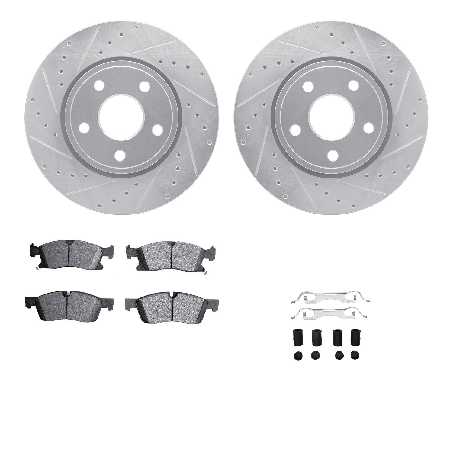 7212-42002 Drilled/Slotted Rotors w/Heavy-Duty Brake Pads Kit & Hardware [Silver], Fits Select Mopar, Position: Front