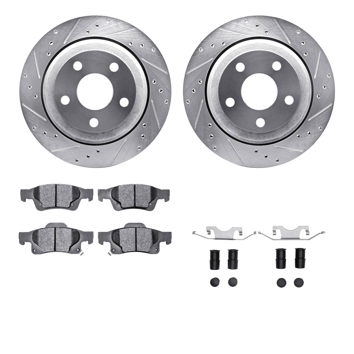 7212-42003 Drilled/Slotted Rotors w/Heavy-Duty Brake Pads Kit & Hardware [Silver], Fits Select Mopar, Position: Rear