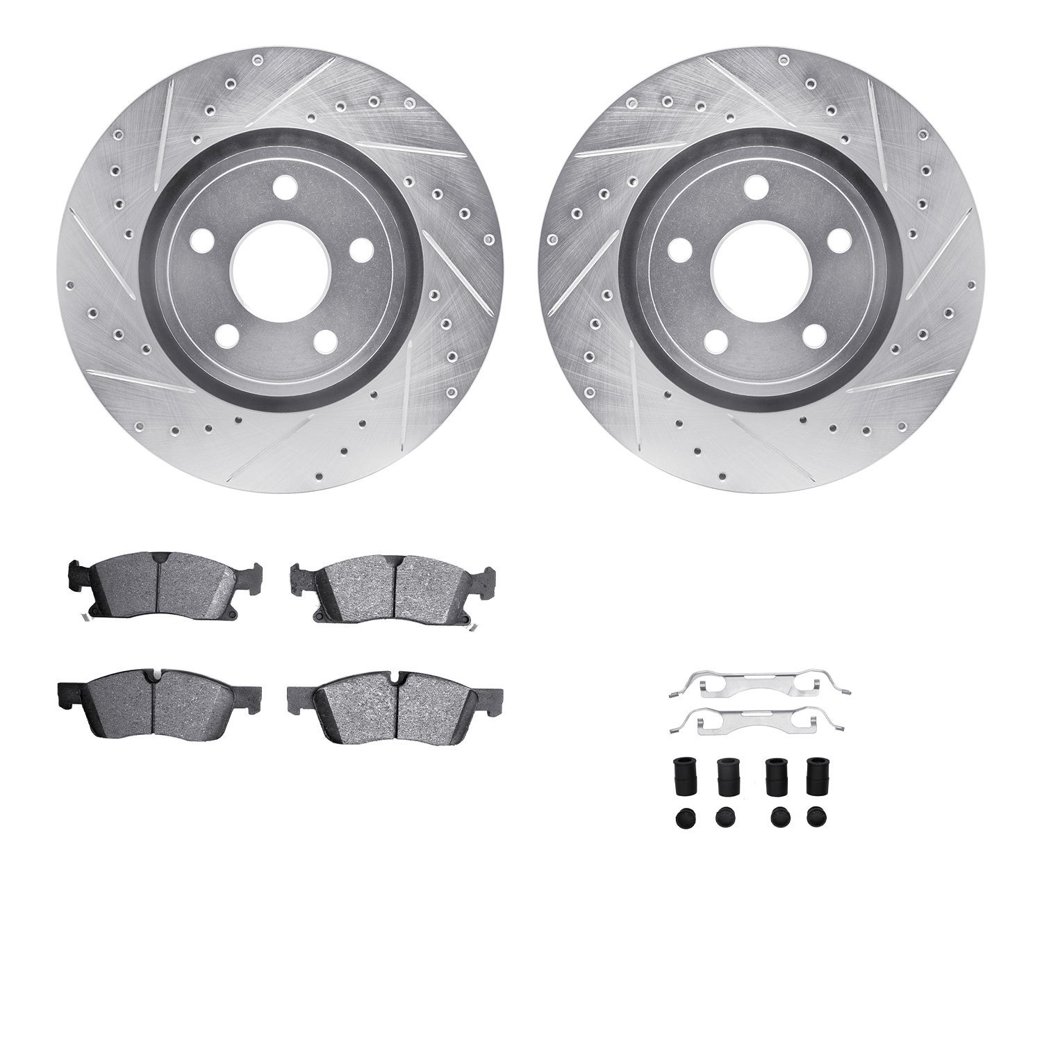 7212-42004 Drilled/Slotted Rotors w/Heavy-Duty Brake Pads Kit & Hardware [Silver], Fits Select Mopar, Position: Front
