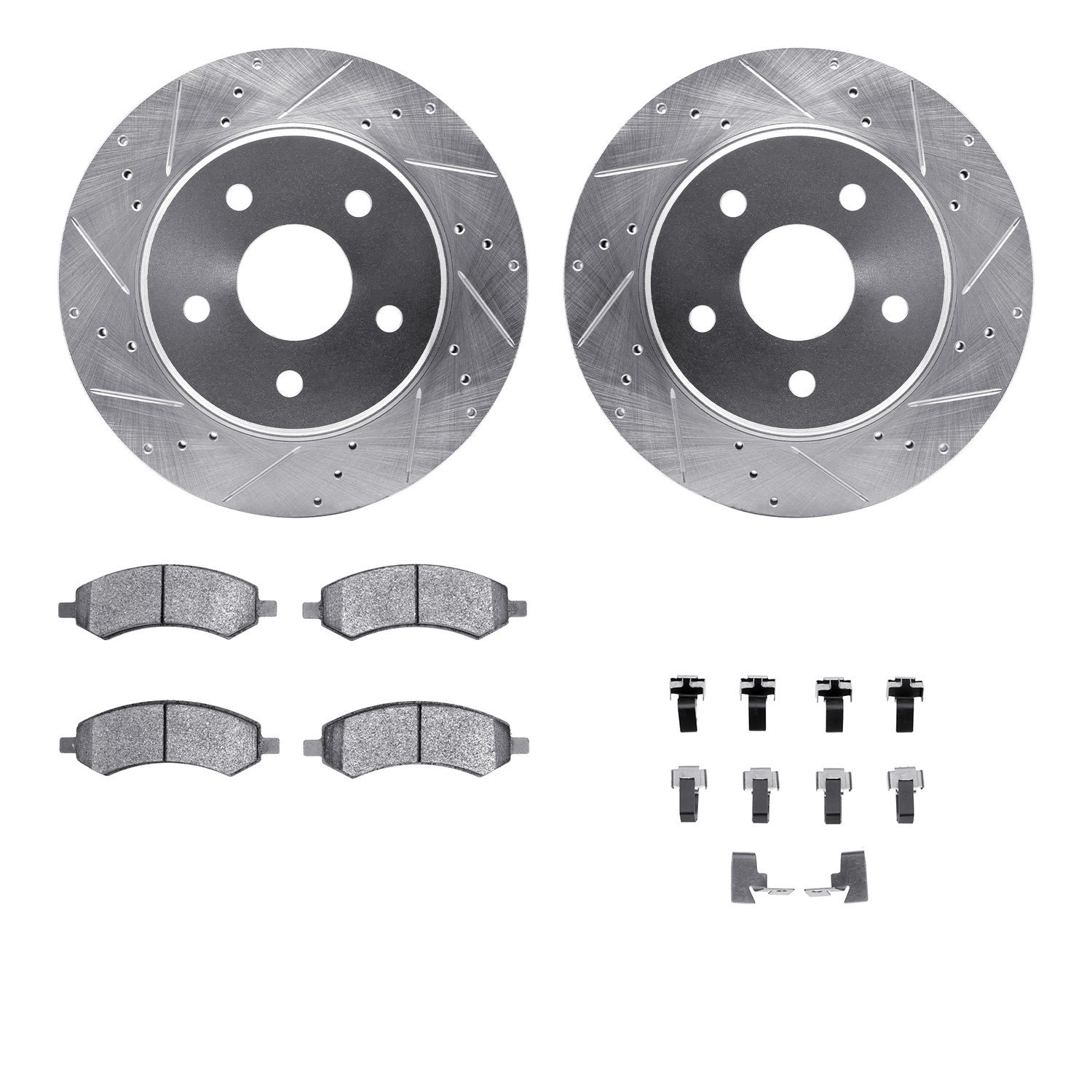 7212-42069 Drilled/Slotted Rotors w/Heavy-Duty Brake Pads Kit & Hardware [Silver], 2008-2012 Mopar, Position: Front
