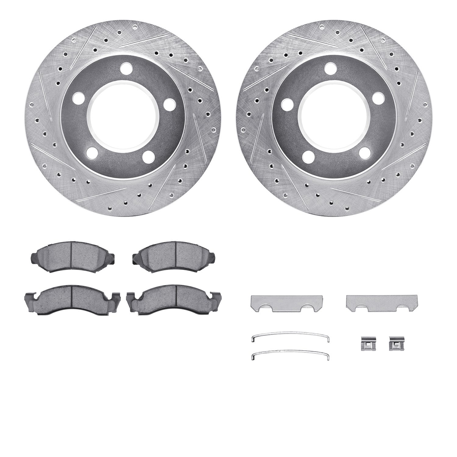 7212-42079 Drilled/Slotted Rotors w/Heavy-Duty Brake Pads Kit & Hardware [Silver], 1978-1978 Mopar, Position: Front