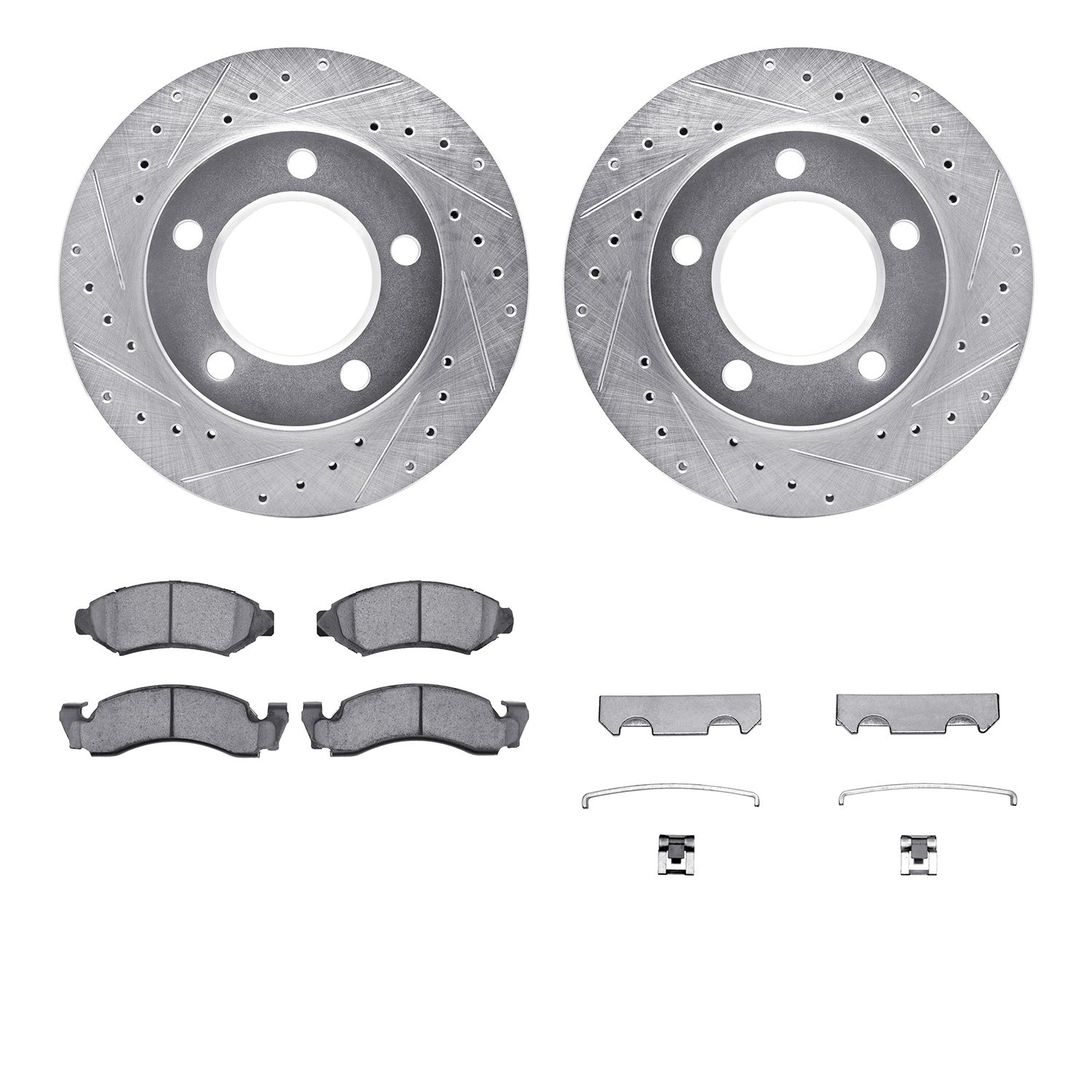 7212-42080 Drilled/Slotted Rotors w/Heavy-Duty Brake Pads Kit & Hardware [Silver], 1974-1980 Multiple Makes/Models, Position: Fr