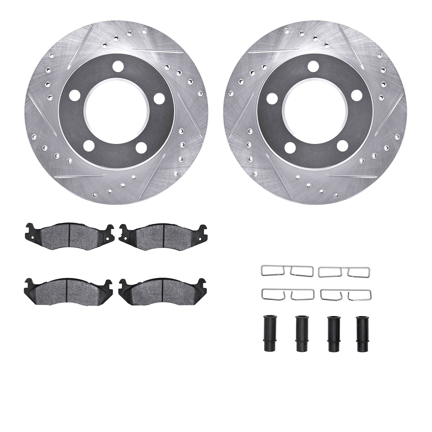 7212-42083 Drilled/Slotted Rotors w/Heavy-Duty Brake Pads Kit & Hardware [Silver], 1982-1986 Mopar, Position: Front