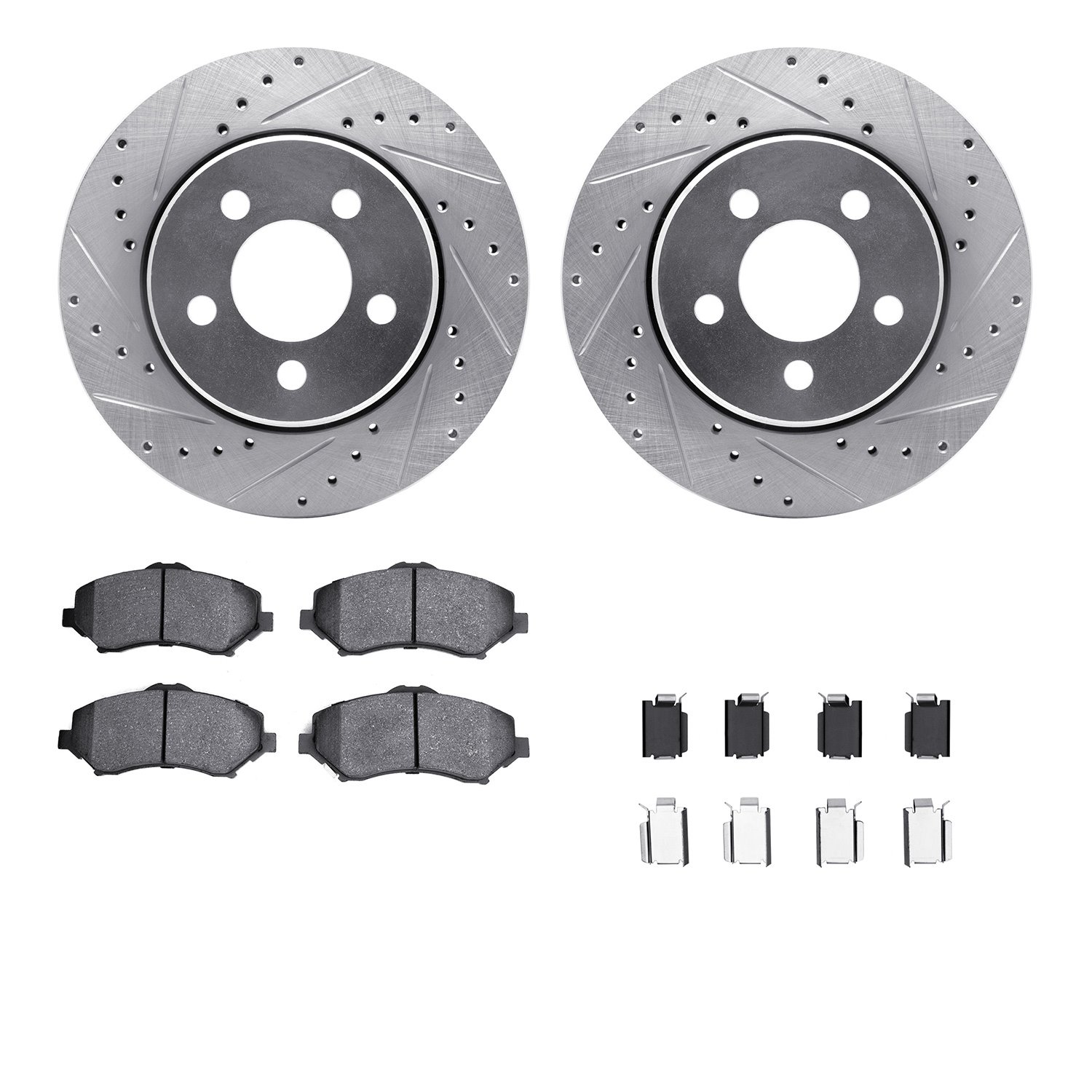 7212-42086 Drilled/Slotted Rotors w/Heavy-Duty Brake Pads Kit & Hardware [Silver], 2007-2012 Mopar, Position: Front