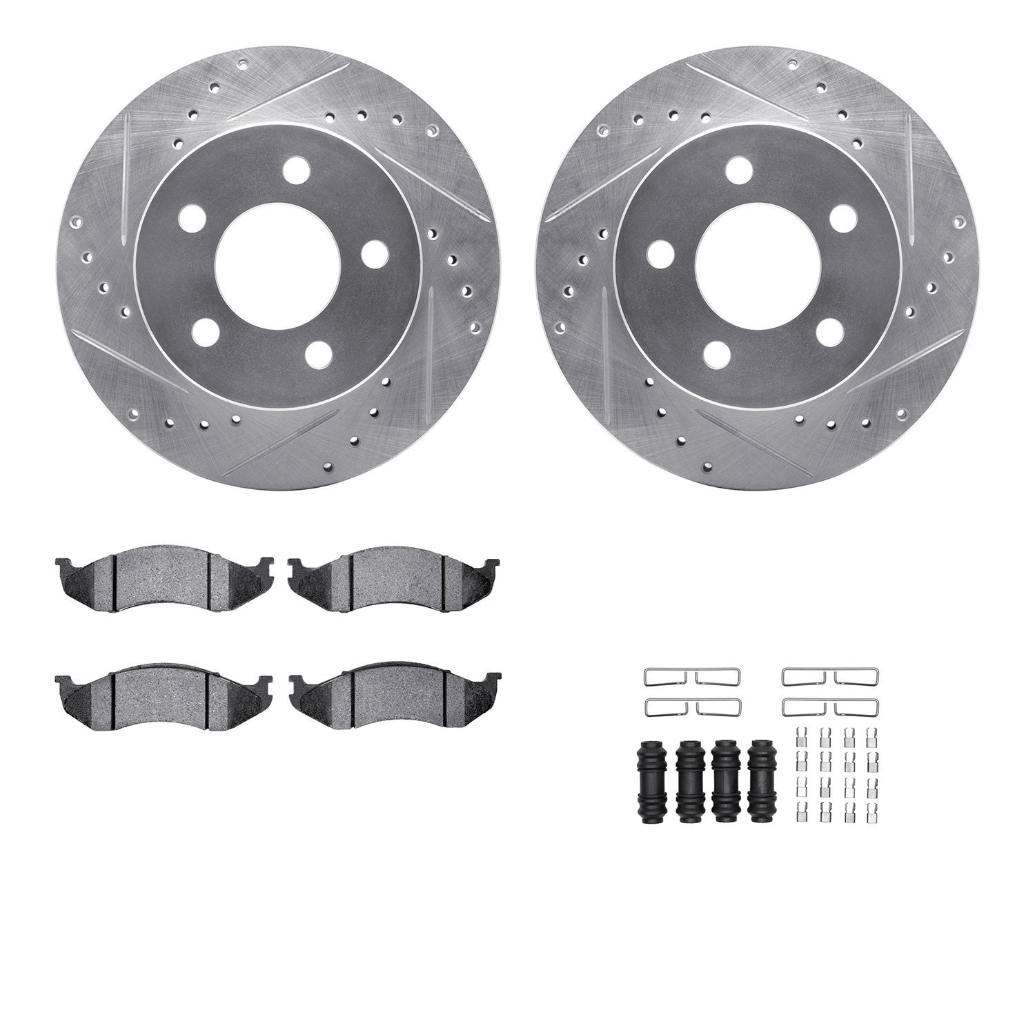7212-42090 Drilled/Slotted Rotors w/Heavy-Duty Brake Pads Kit & Hardware [Silver], 1990-1999 Mopar, Position: Front