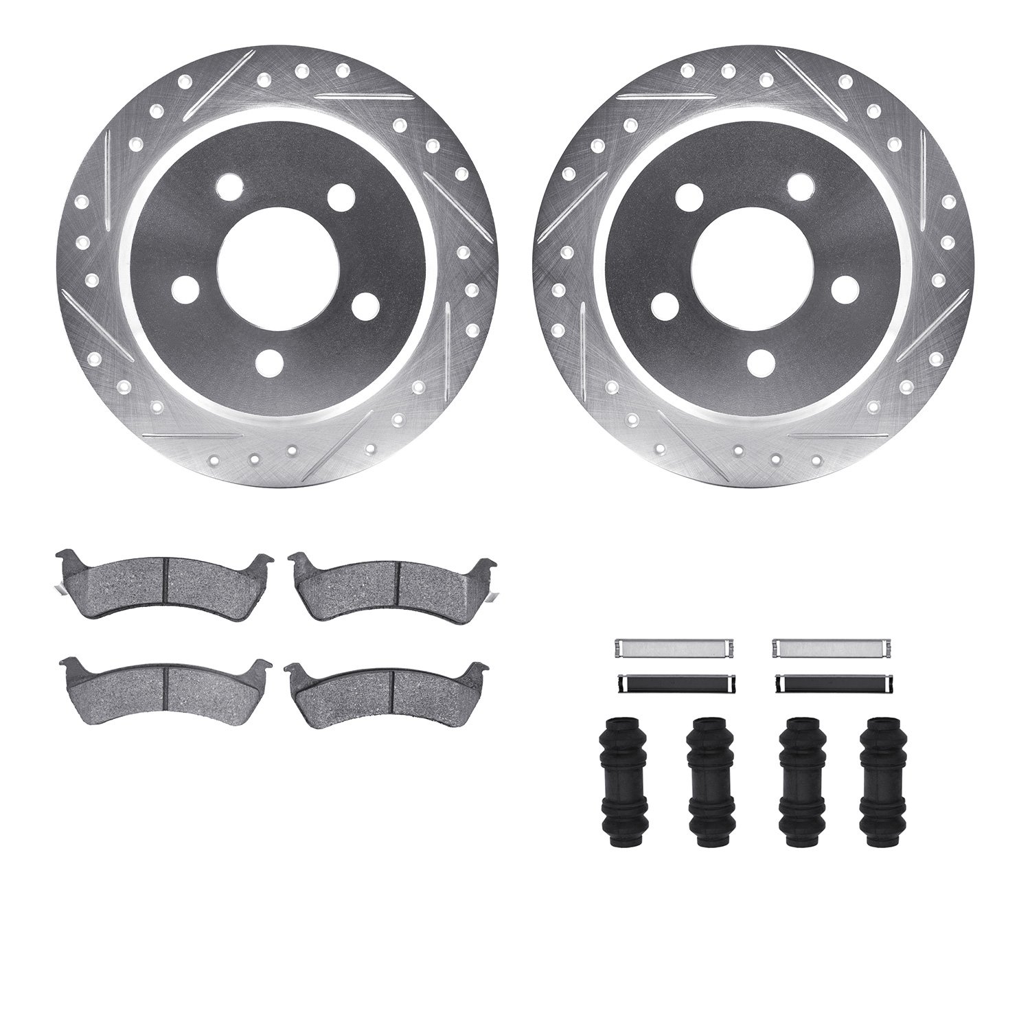 7212-42092 Drilled/Slotted Rotors w/Heavy-Duty Brake Pads Kit & Hardware [Silver], 1993-1994 Mopar, Position: Rear