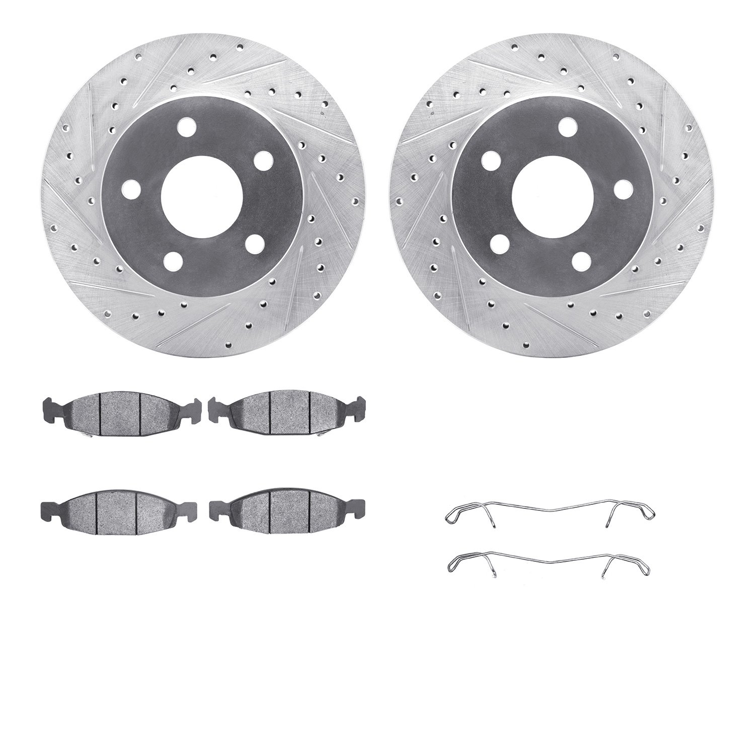 7212-42095 Drilled/Slotted Rotors w/Heavy-Duty Brake Pads Kit & Hardware [Silver], 1999-2002 Mopar, Position: Front