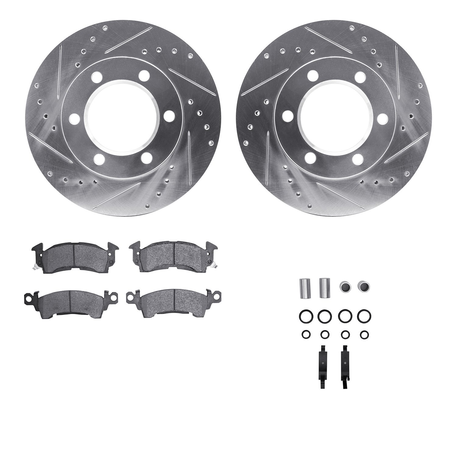 7212-42105 Drilled/Slotted Rotors w/Heavy-Duty Brake Pads Kit & Hardware [Silver], 1971-1973 GM, Position: Front