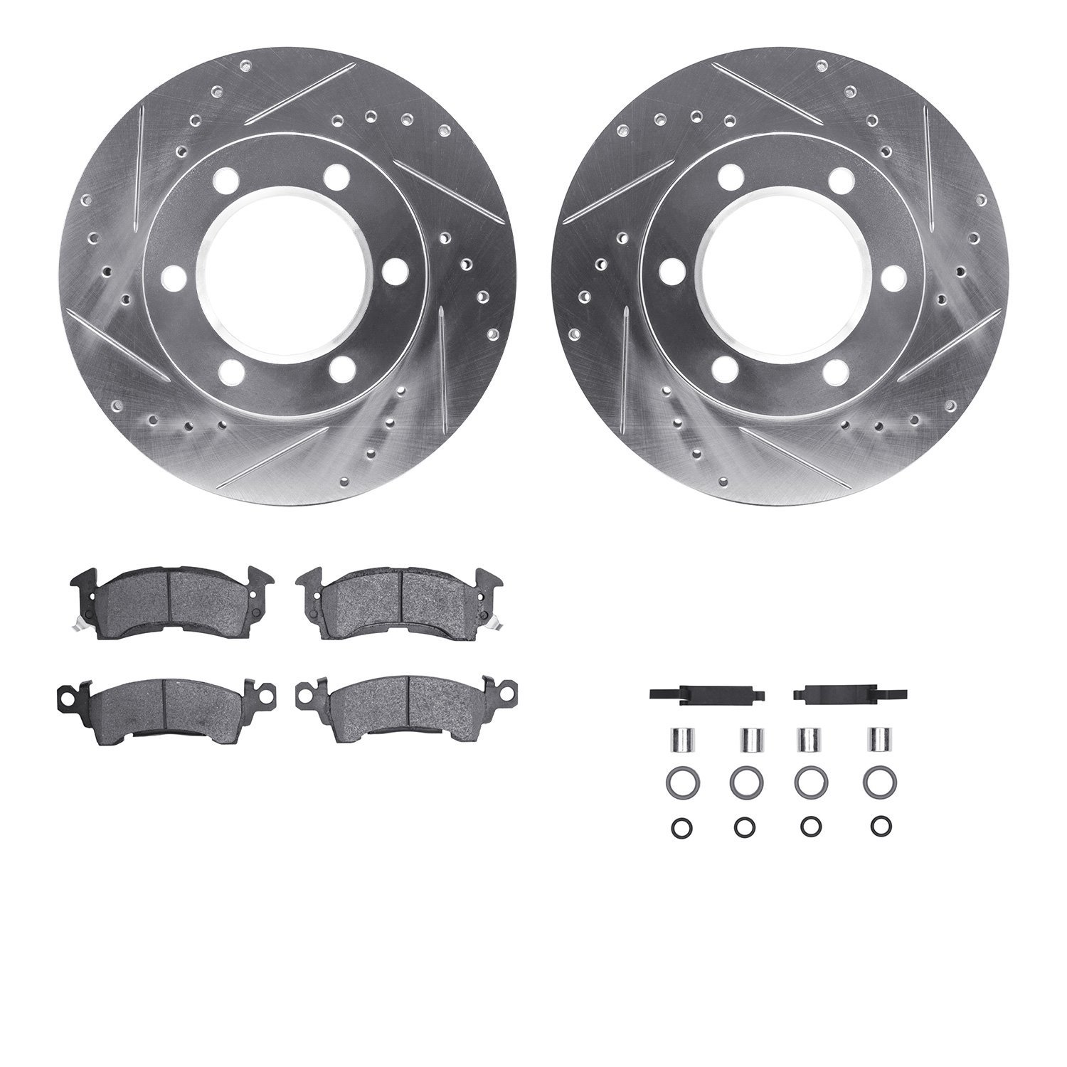 7212-42106 Drilled/Slotted Rotors w/Heavy-Duty Brake Pads Kit & Hardware [Silver], 1971-1991 Multiple Makes/Models, Position: Fr