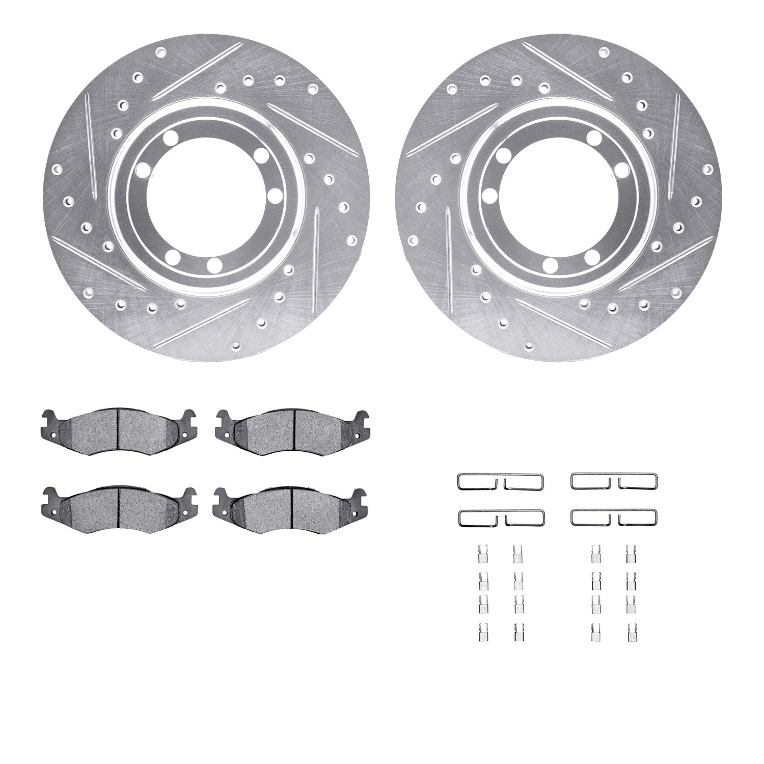7212-44001 Drilled/Slotted Rotors w/Heavy-Duty Brake Pads Kit & Hardware [Silver], 1992-2001 Mopar, Position: Rear, Front