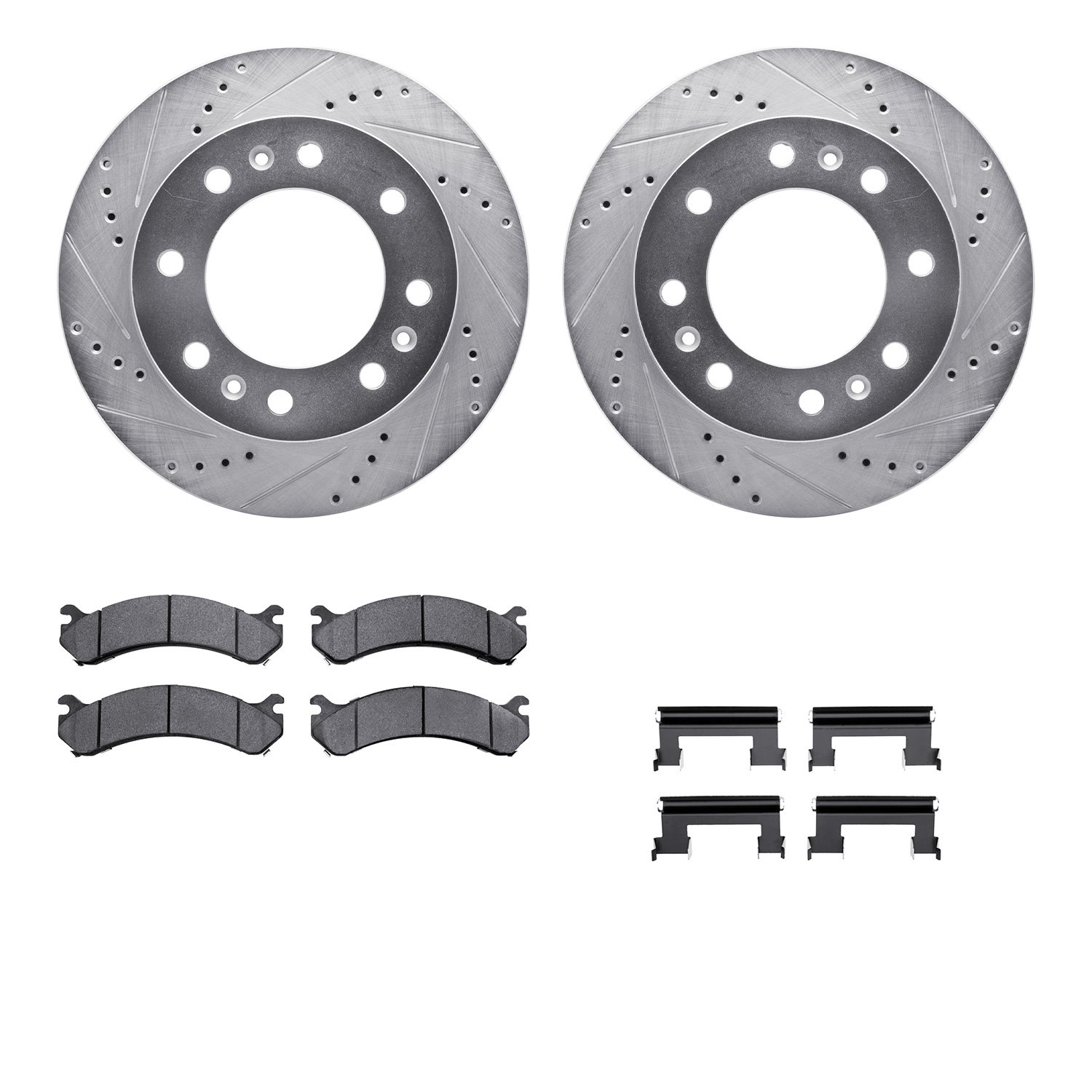 7212-46049 Drilled/Slotted Rotors w/Heavy-Duty Brake Pads Kit & Hardware [Silver], 2006-2011 GM, Position: Front