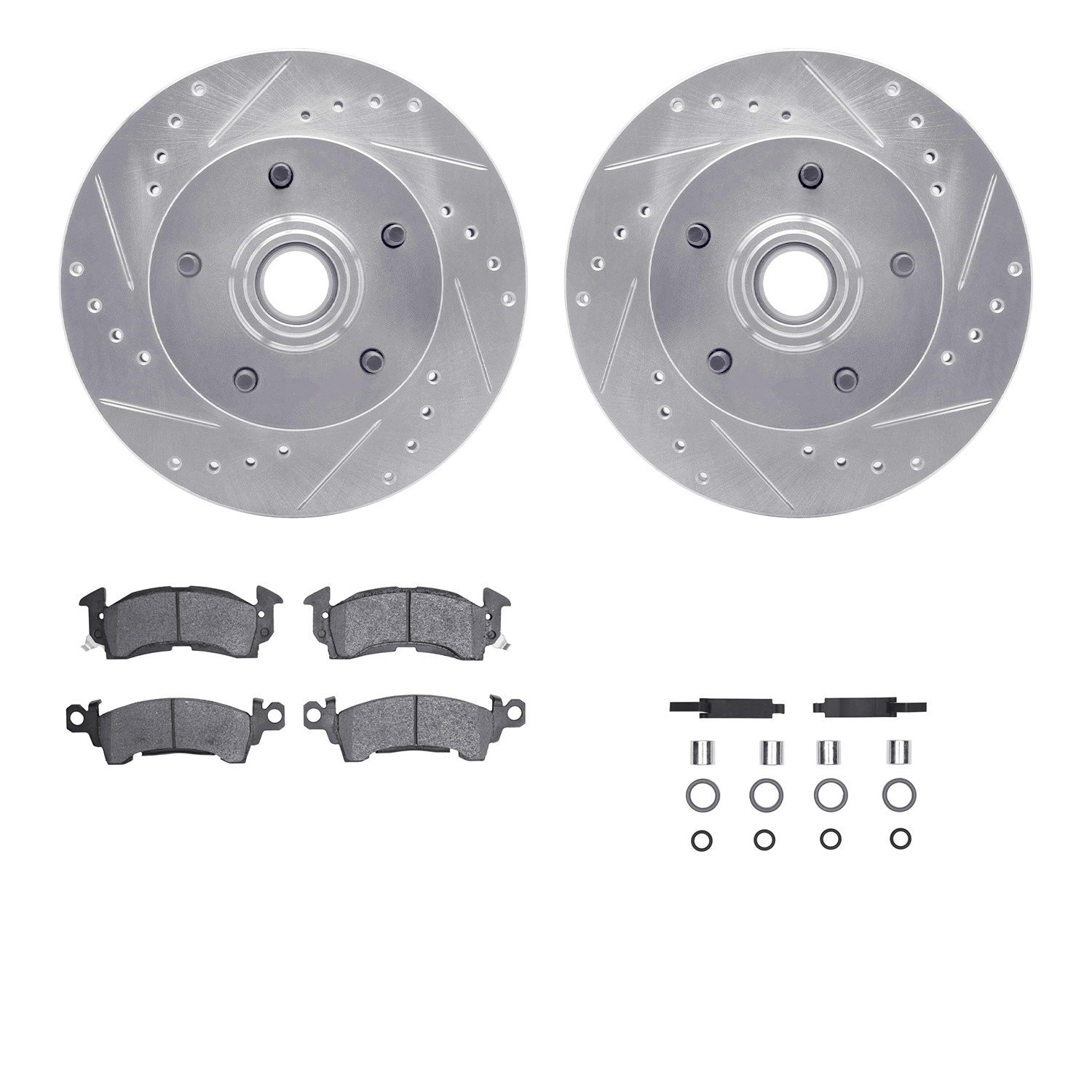 7212-47011 Drilled/Slotted Rotors w/Heavy-Duty Brake Pads Kit & Hardware [Silver], 1969-1974 GM, Position: Front