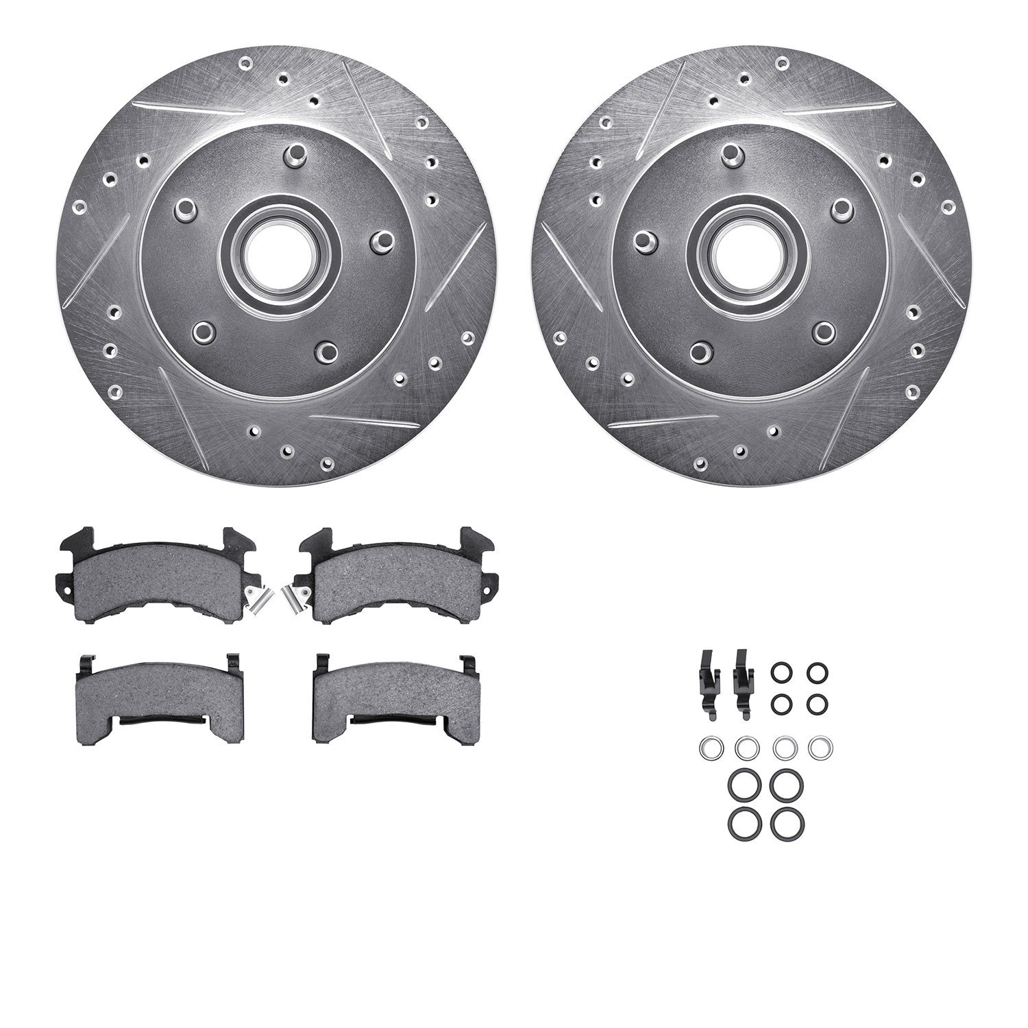 7212-47029 Drilled/Slotted Rotors w/Heavy-Duty Brake Pads Kit & Hardware [Silver], 1978-1978 GM, Position: Front